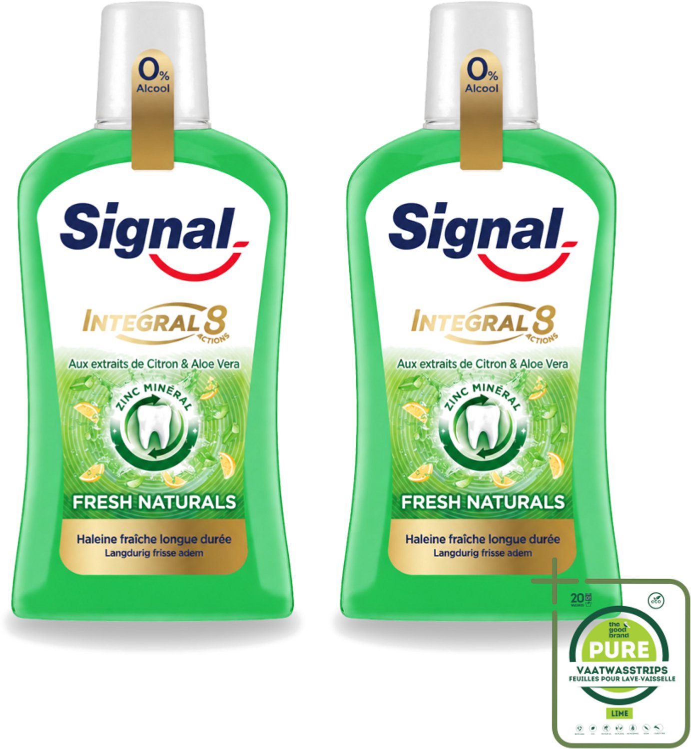 2 x Signal - Integral & Actions - Mondwater - 0 % Alcohol - Fris Natuurlijk - Citroen & Aloë Vera - 500 ml - Grootverpakking - Vaatwasstrips - Mondwater - Mondverzorging - Citroenmondwater - Aloe Vera Mondwater - 0% Alcohol Mondwater