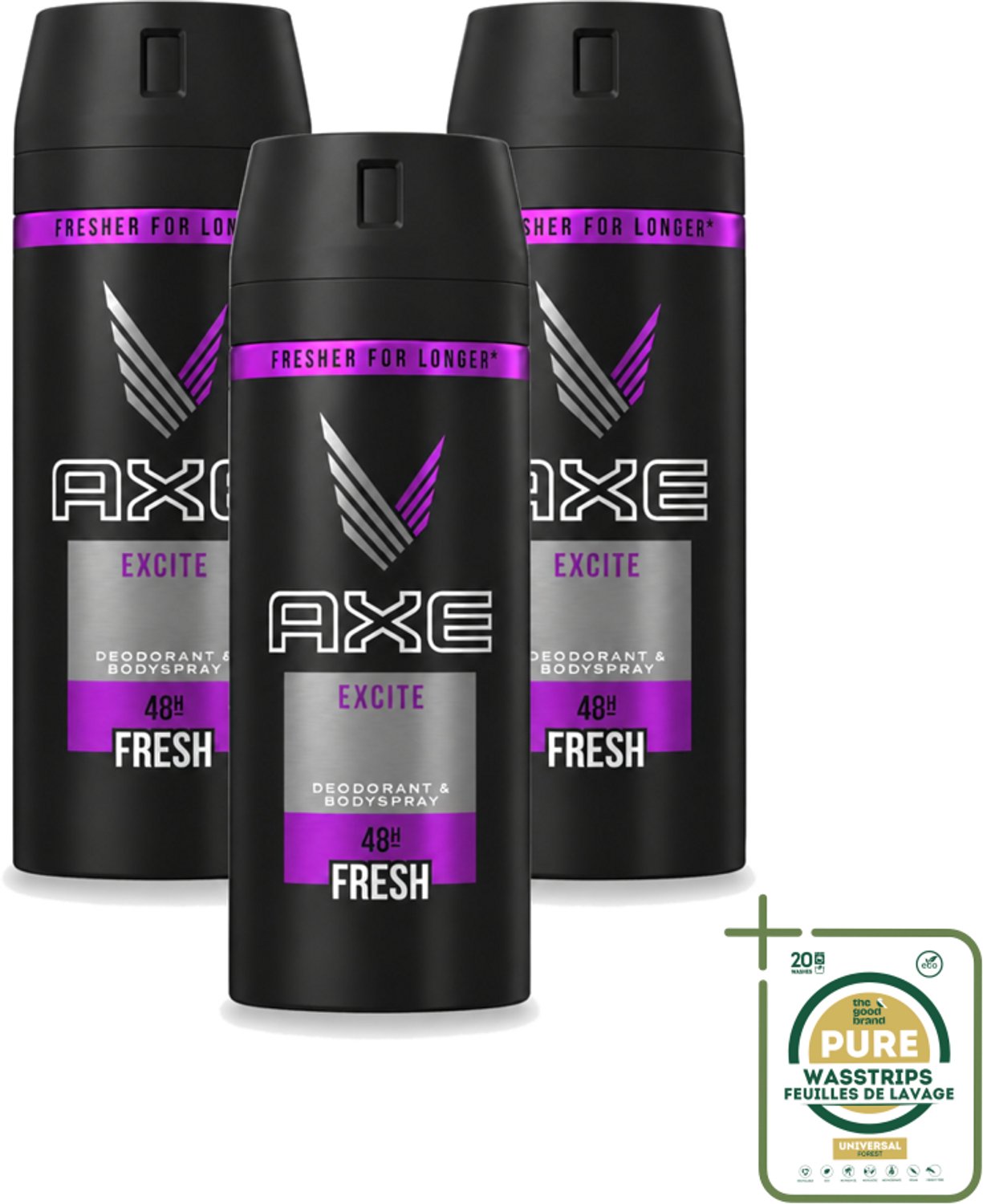 3 x Axe - Deodorant Bodyspray - 48hrs Fresh - Excite - 150 ml - Wasstrips - 48 Uur Fris - Deodorant Spray - Kokosnoot Geur - Zwarte Peper Geur - Frisheid