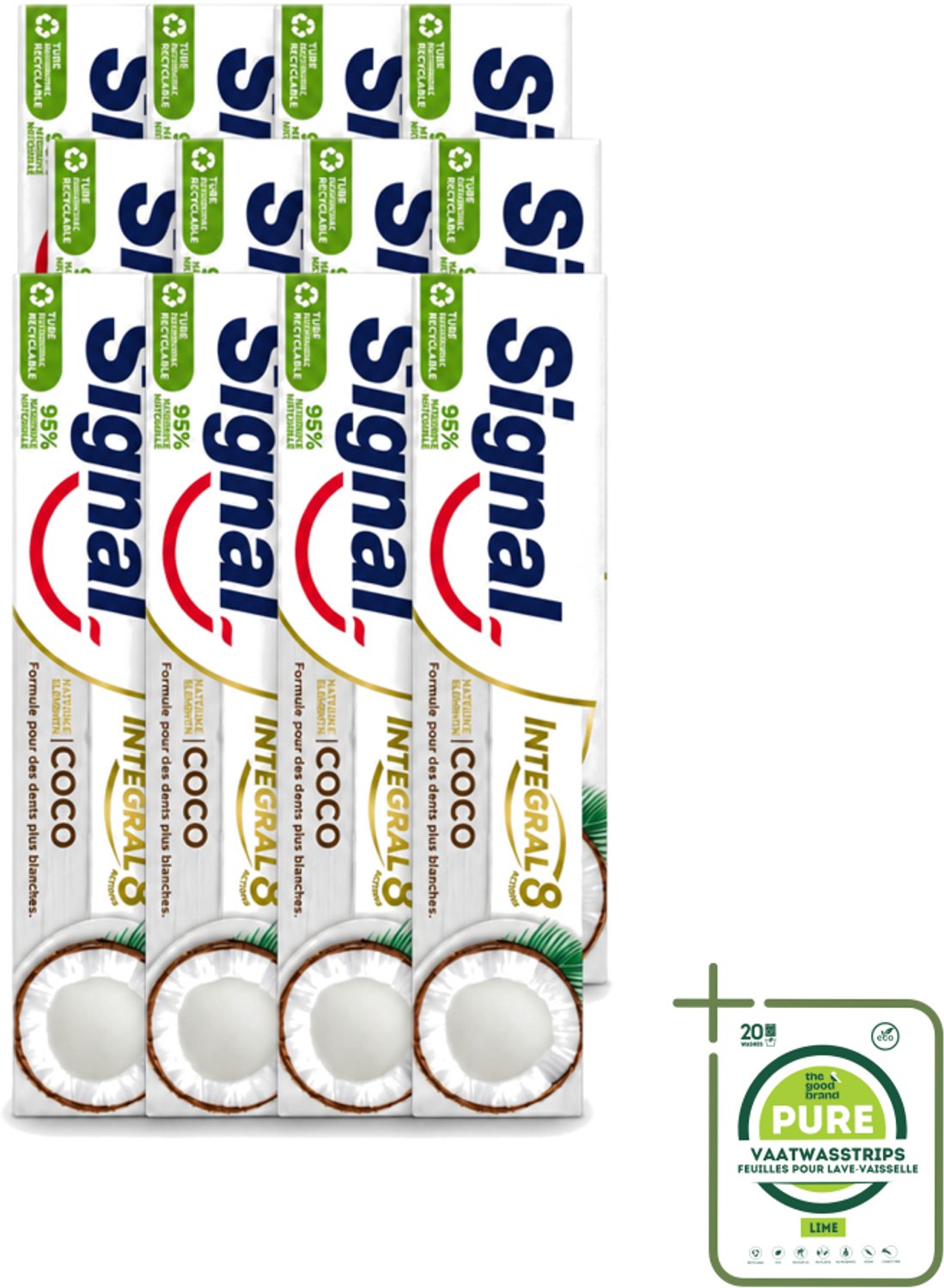 12 x Signal - Integral & Actions - Tandpasta - Natuurlijke Elementen - Kokos - Voor Witte Tanden - 75 ml - Grootverpakking - Vaatwasstrips - Tandpasta - Natuurlijke Tandpasta - Kokos Tandpasta - Witte Tanden - Tandbescherming