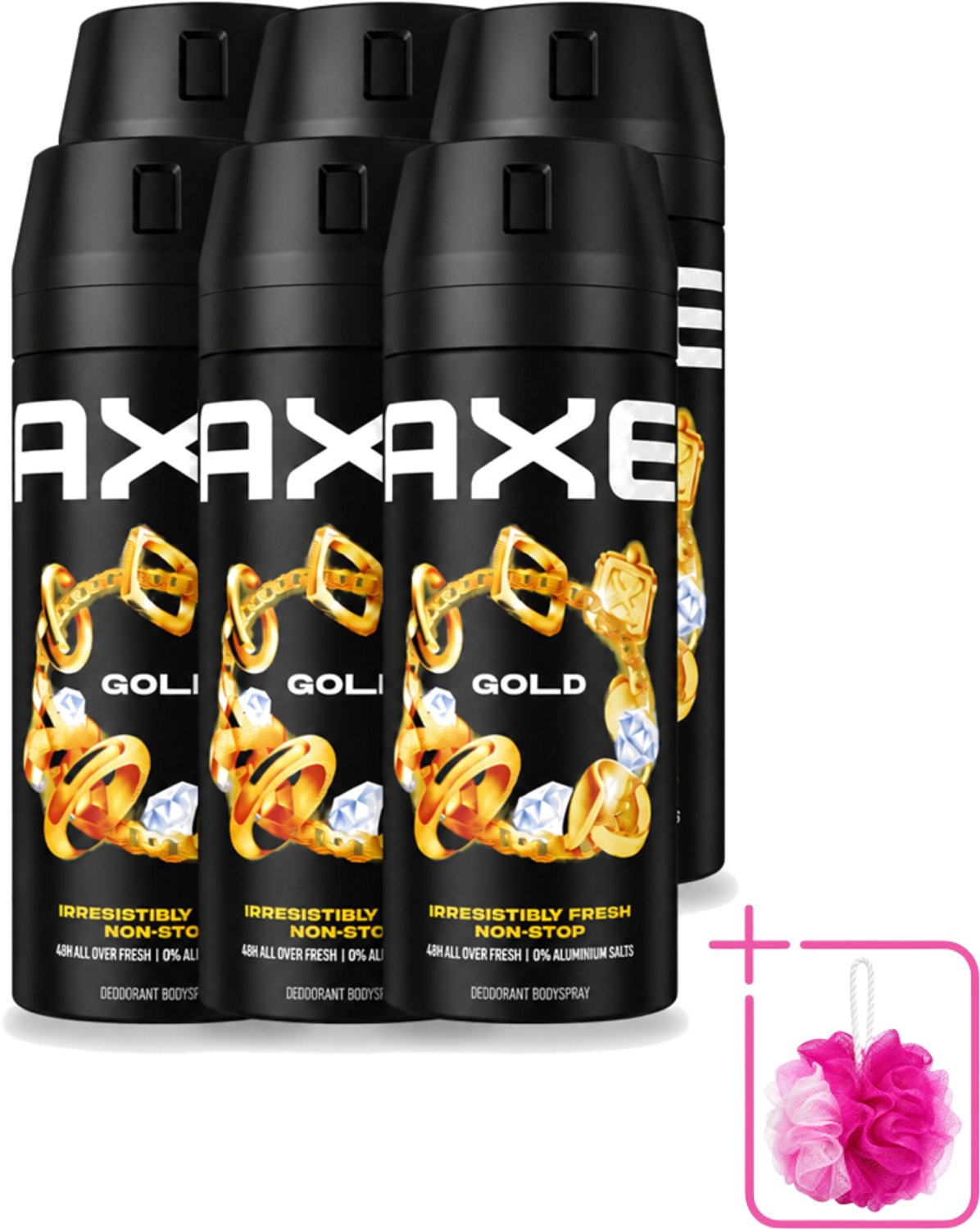 6 x Axe - Deodorant Bodyspray - 48hrs Fresh - Gold - Oud Wood & Fresh Vanilla - 150 ml - Bulkverpakking - 48 uur geurbeleid - Douchemop - Deodorant bodyspray
