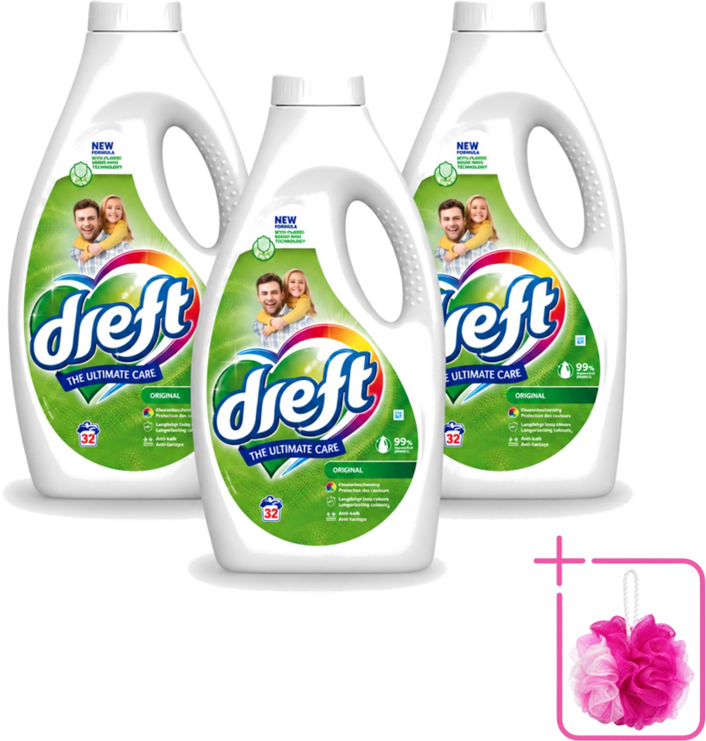 3 x Dreft - Ultimate Care - Vloeibaar Wasmiddel - Gekleurde Was - Original - 32 Wasbeurten - Bulkverpakking - Kleurbeveiliging - Douchemop - Vloeibaar wasmiddel