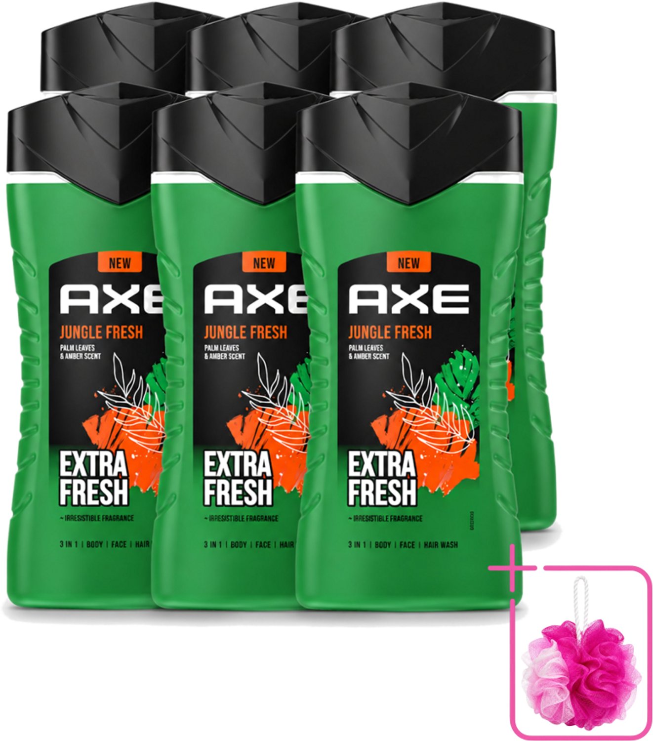 6 x Axe - 3-in-1 Douchegel - Jungle Fresh - Palm Leaves & Amber - Extra Fresh - 250 ml - Bulkverpakking - Douchegel - Douchemop - Lichaam