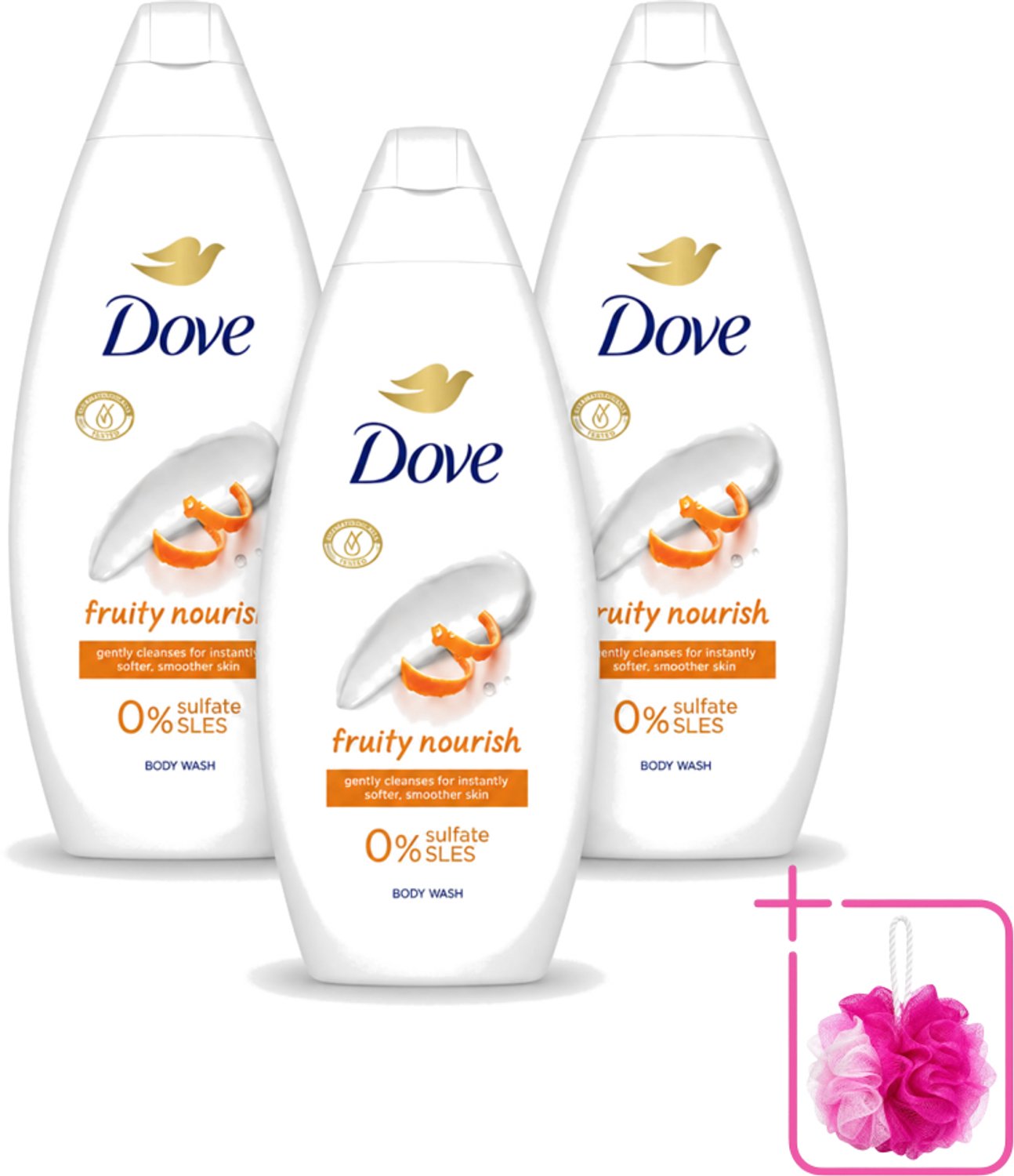 3 x Dove Fruity Nourish - Douchegel - Sulfaatvrij - 250 ml - Bulkverpakking - Douchegel - Douchemop - Voedende douchegel