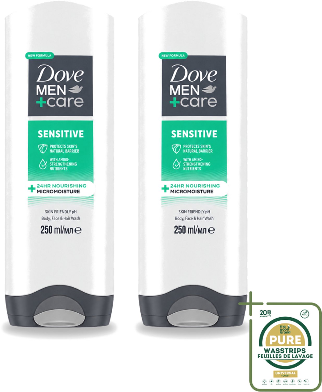 2 x Dove Men+Care - Sensitive - Douchegel 3-in-1 - Verzorgend - 250 ml - Wasstrips - Gevoelige Huid - Lichaamsgel - Gezichtsgel - Haarverzorging - Milde Reiniging