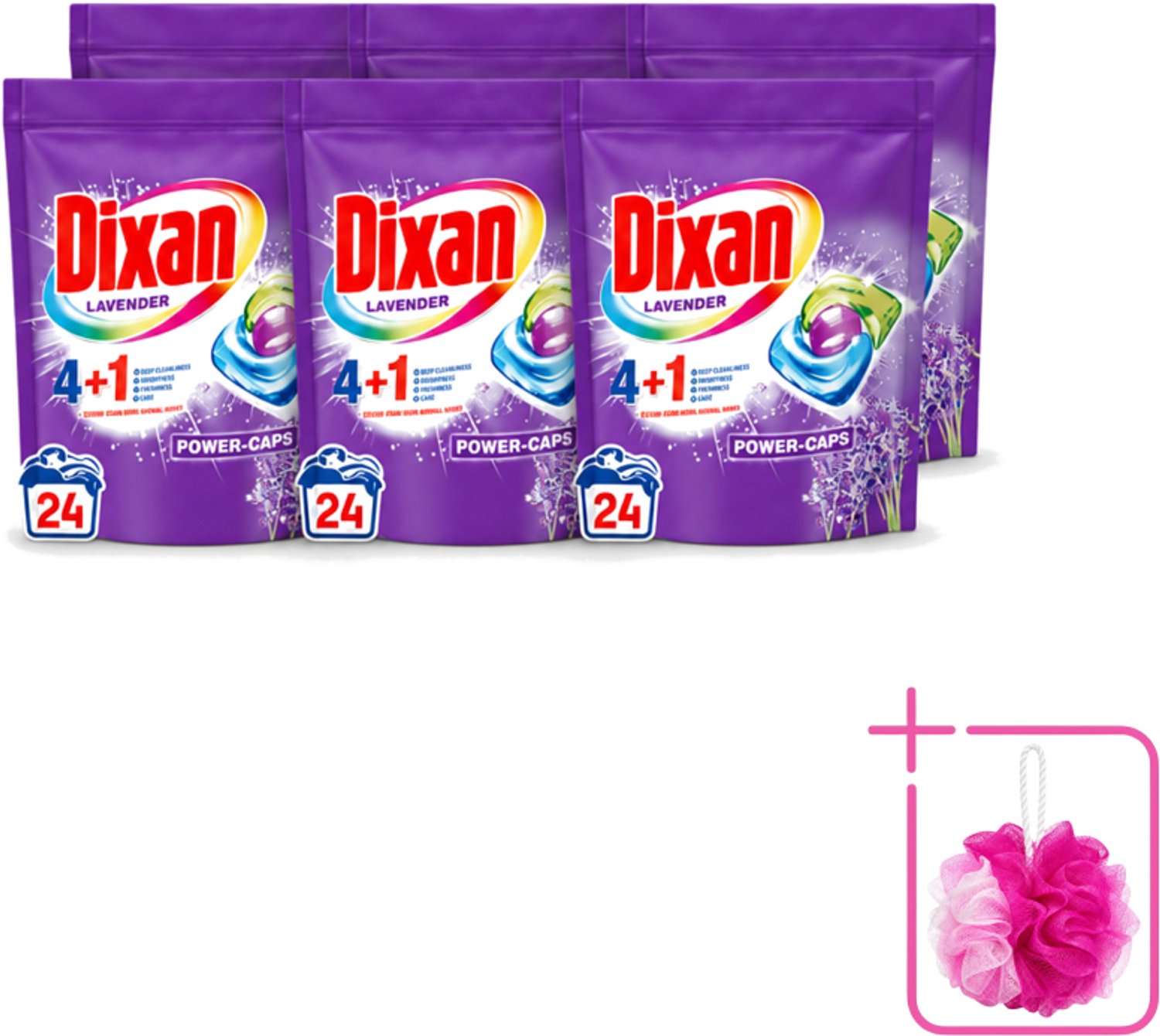6 x Dixan Power Caps - Wasmiddelcapsules en Vlekverwijderaar - Extreme Power - Gekleurde Was - Lavendel - 24 Wasbeurten - Bulkverpakking - Wasmiddelcapsules - Douchemop - Vlekverwijderaar