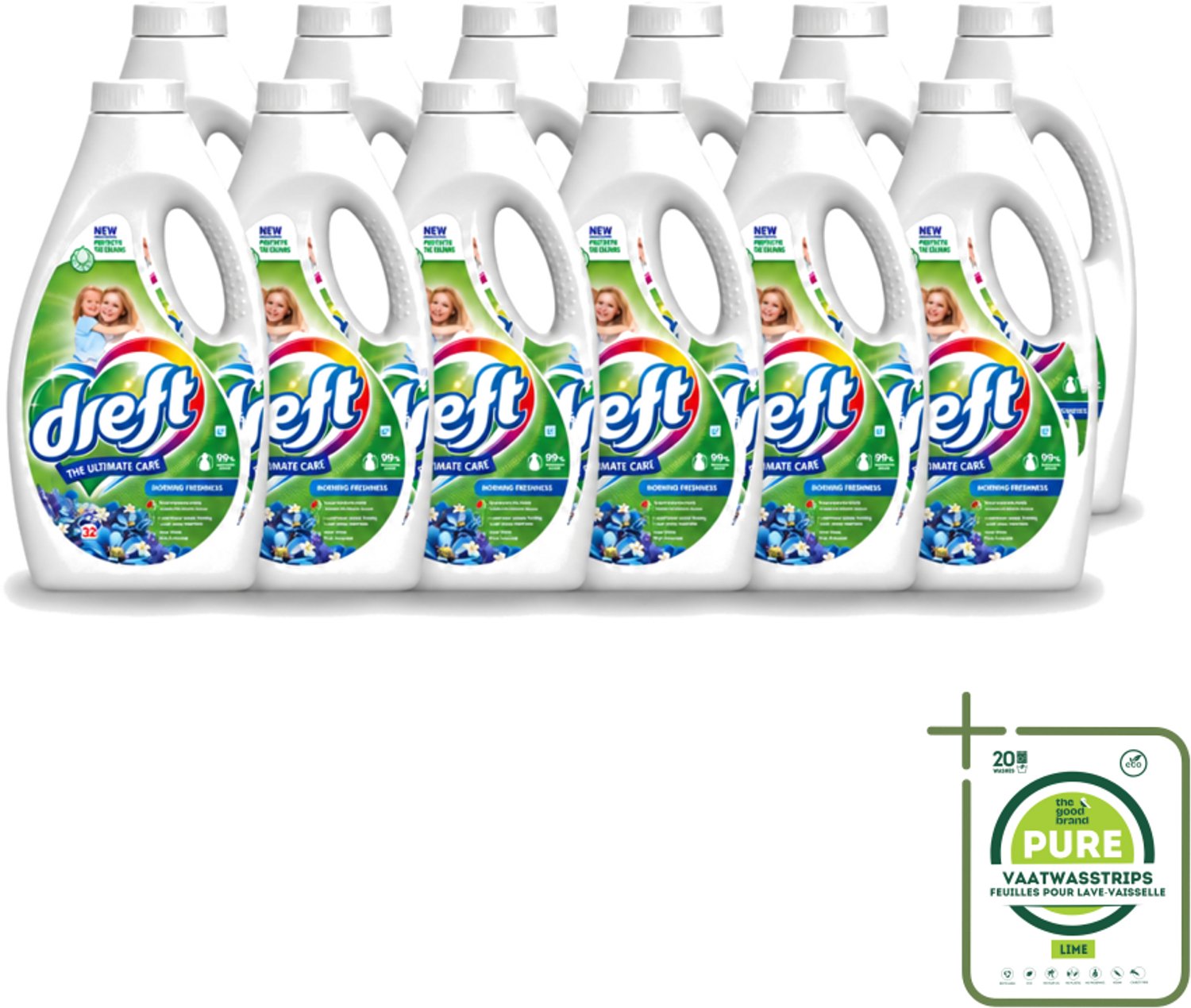 12 x Dreft - Ultimate Care - Vloeibaar Wasmiddel - Gekleurde Was - Ochtendfris - 32 Wasbeurten - Grootverpakking - Vaatwasstrips - Gekleurde Was - Ochtendfris - Wasmiddel - Wasbeurt - Kleurbescherming