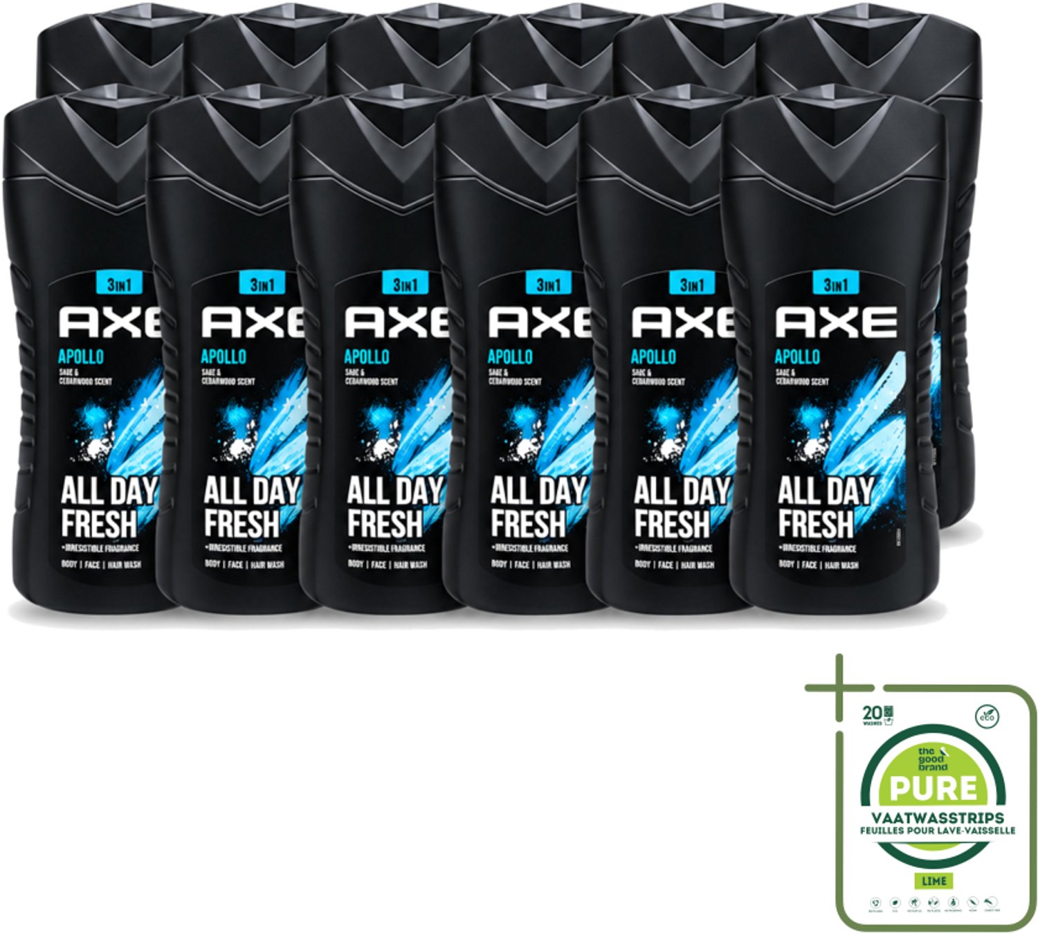 12 x Axe - 3-in-1 Douchegel - Apollo - Sage & Cedarwoord - All Day Fresh - 400 ml - Grootverpakking - Vaatwasstrips - Douchegel - Lichaam - Gezicht - Haar - Salie