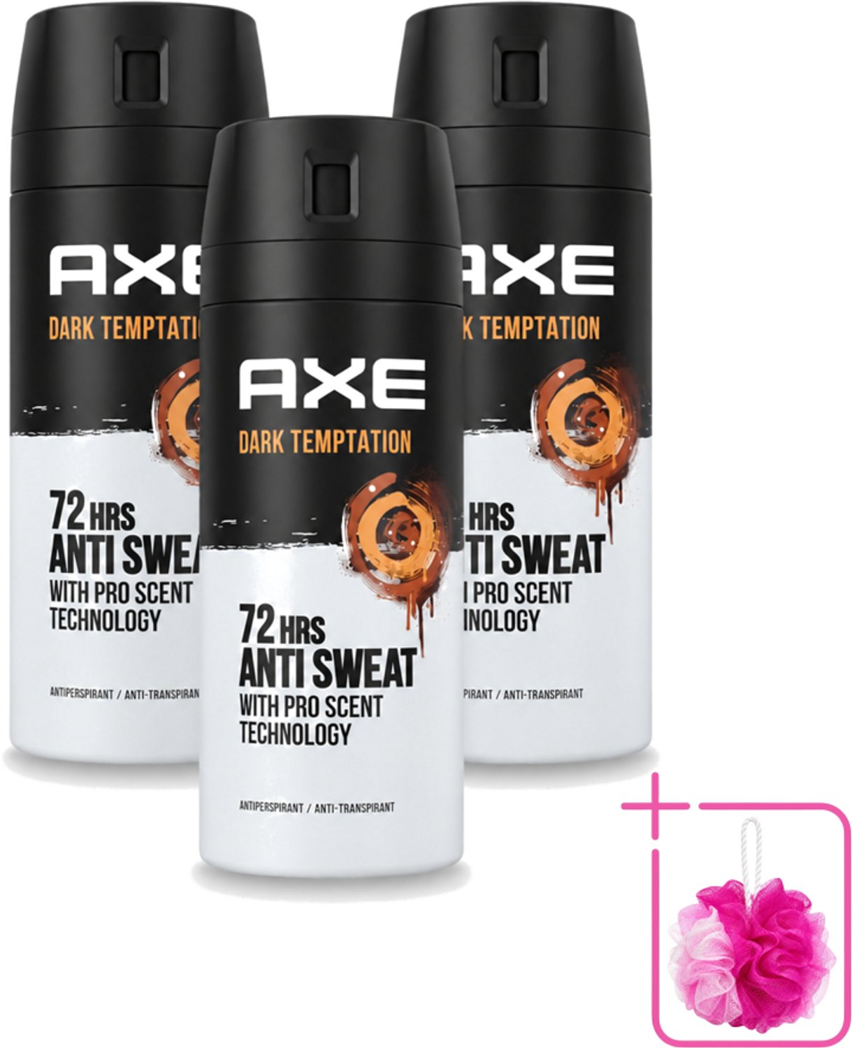 3 x Axe - Deodorant Spray - 72hrs Anti Sweat - Dark Temptation - 150 ml - Bulkverpakking - Anti-sweat spray - Douchemop - 72 uur bescherming