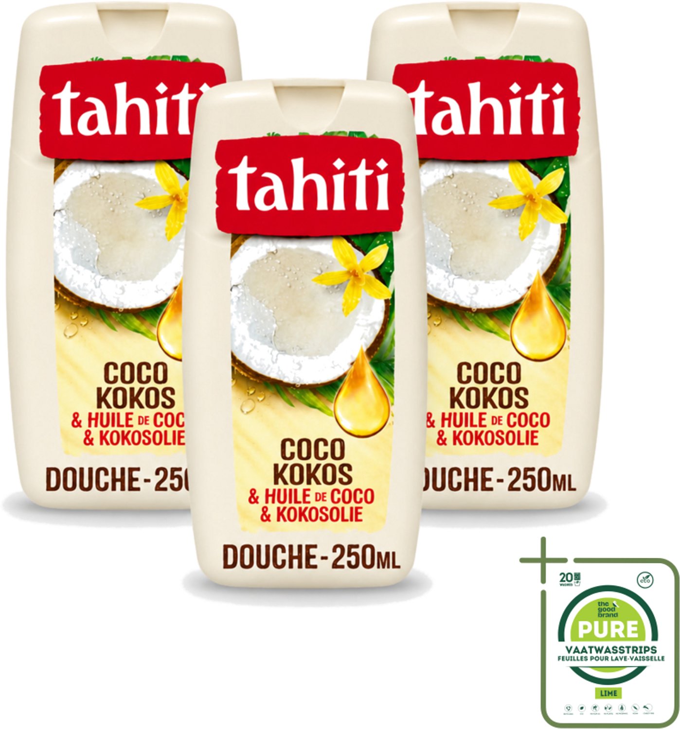 3 x Tahiti - Douchegel - Kokos & Kokosolie - Hydraterend - 250 ml - Grootverpakking - Vaatwasstrips - Douchegel Kokos - Kokosolie Douchegel - Hydraterende Douchegel - Kokos Geur - Douchegel Tropisch