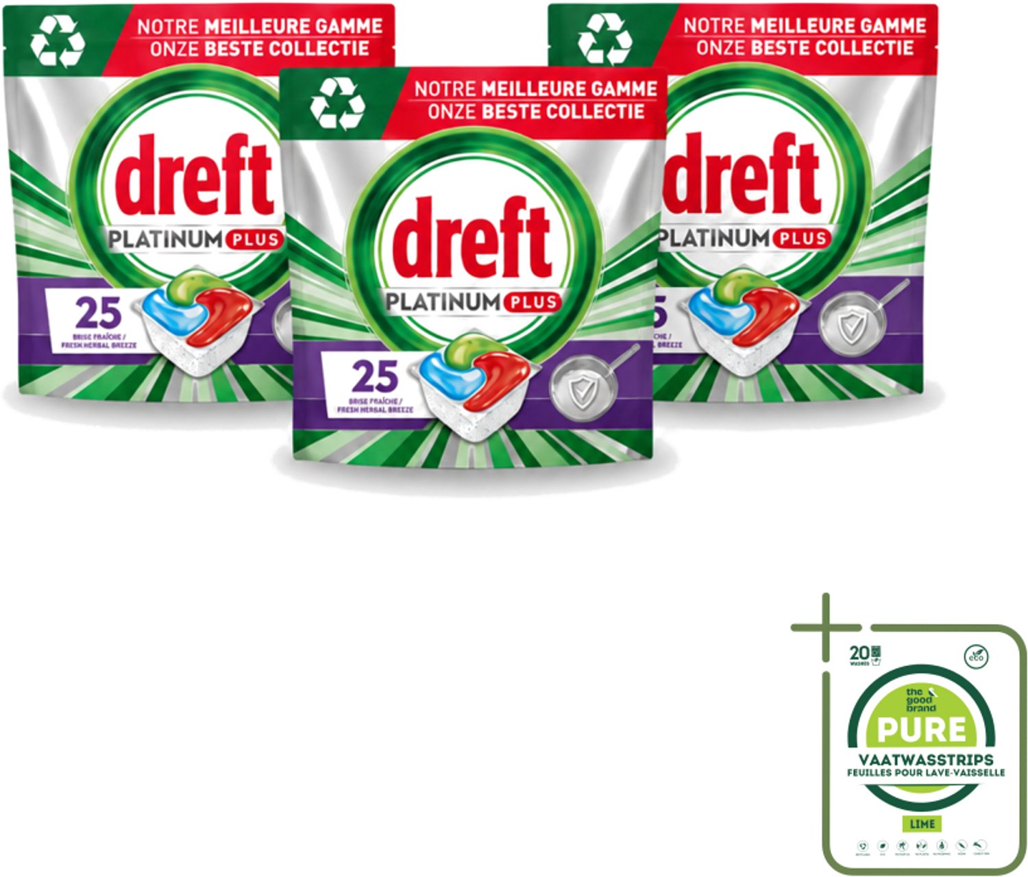 3 x Dreft Platinum Plus - Vaatwascapsules - Deep Clean Boosted - Fresh Herbal Breeze - 25 Afwasbeurten - Grootverpakking - Vaatwassen - Vaatwasmiddel - Vaatwascapsule - Glanzend Schone Vaat - Voedselresten Verwijderen