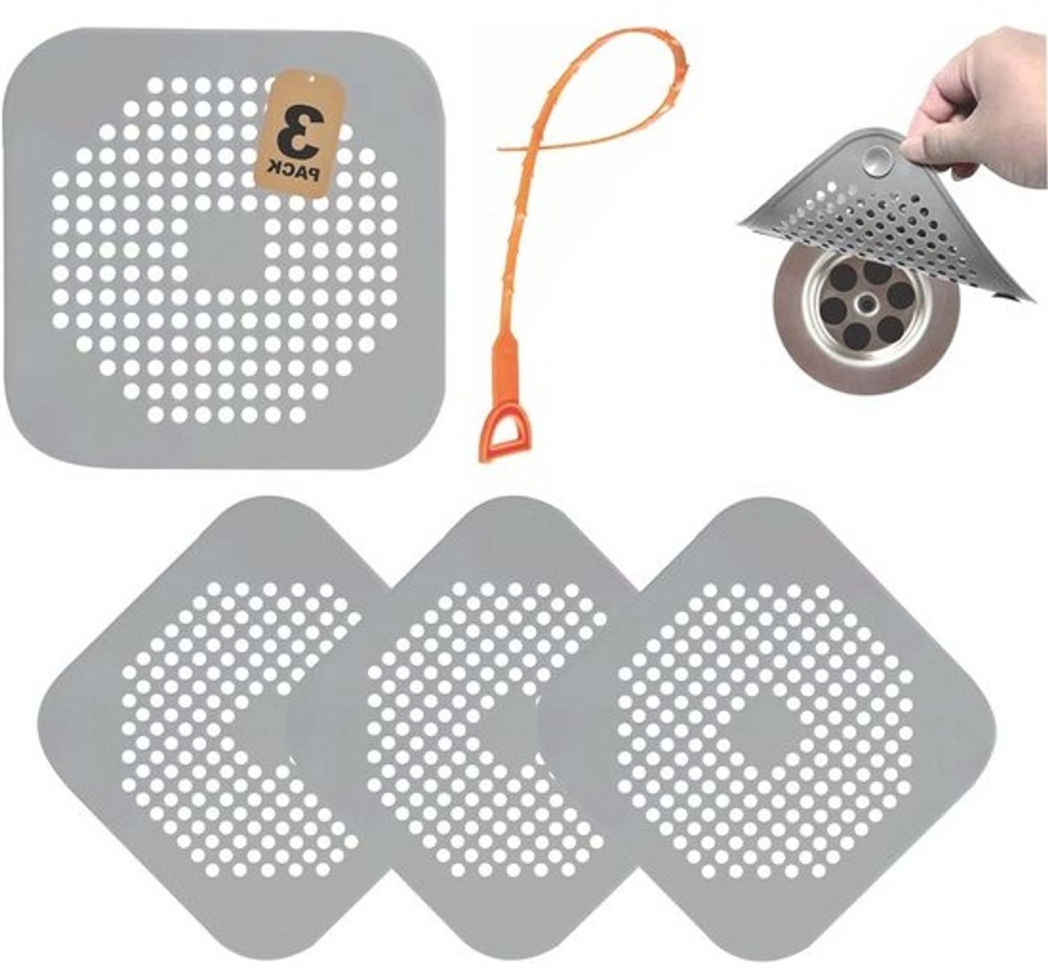 Douche Afvoer Haarvanger - Gootsteen Zeef - Verstopte Afvoer Voorkomen - Flexibel Siliconen Materiaal - 3 Stuks - Grijs