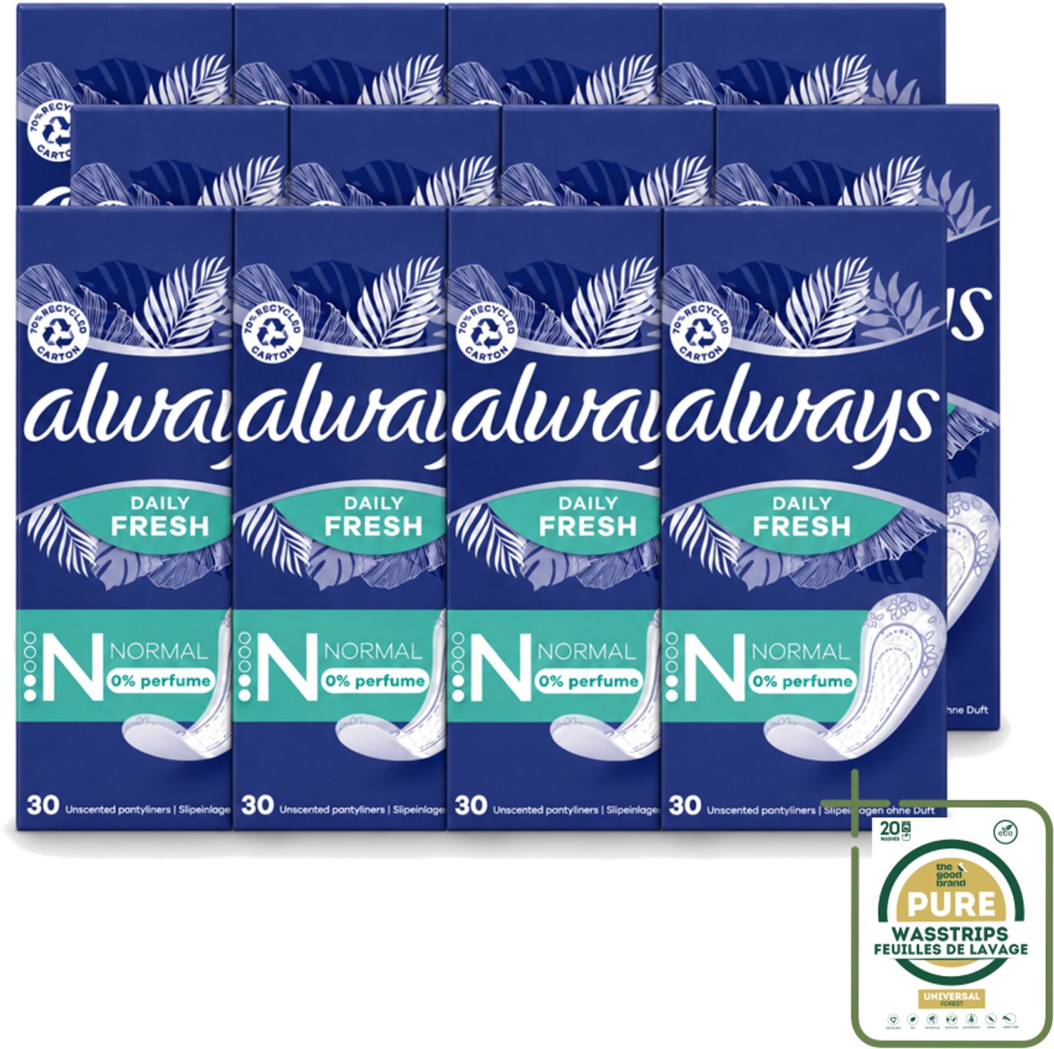 12 x Always Daily Fresh - Inlegkruisjes - Normaal - Ongeparfumeerd - 30 Inlegkruisjes - Inlegkruisjes - Geurneutralisatie - Actipearls - Dermatologisch Getest - Droog Gevoel