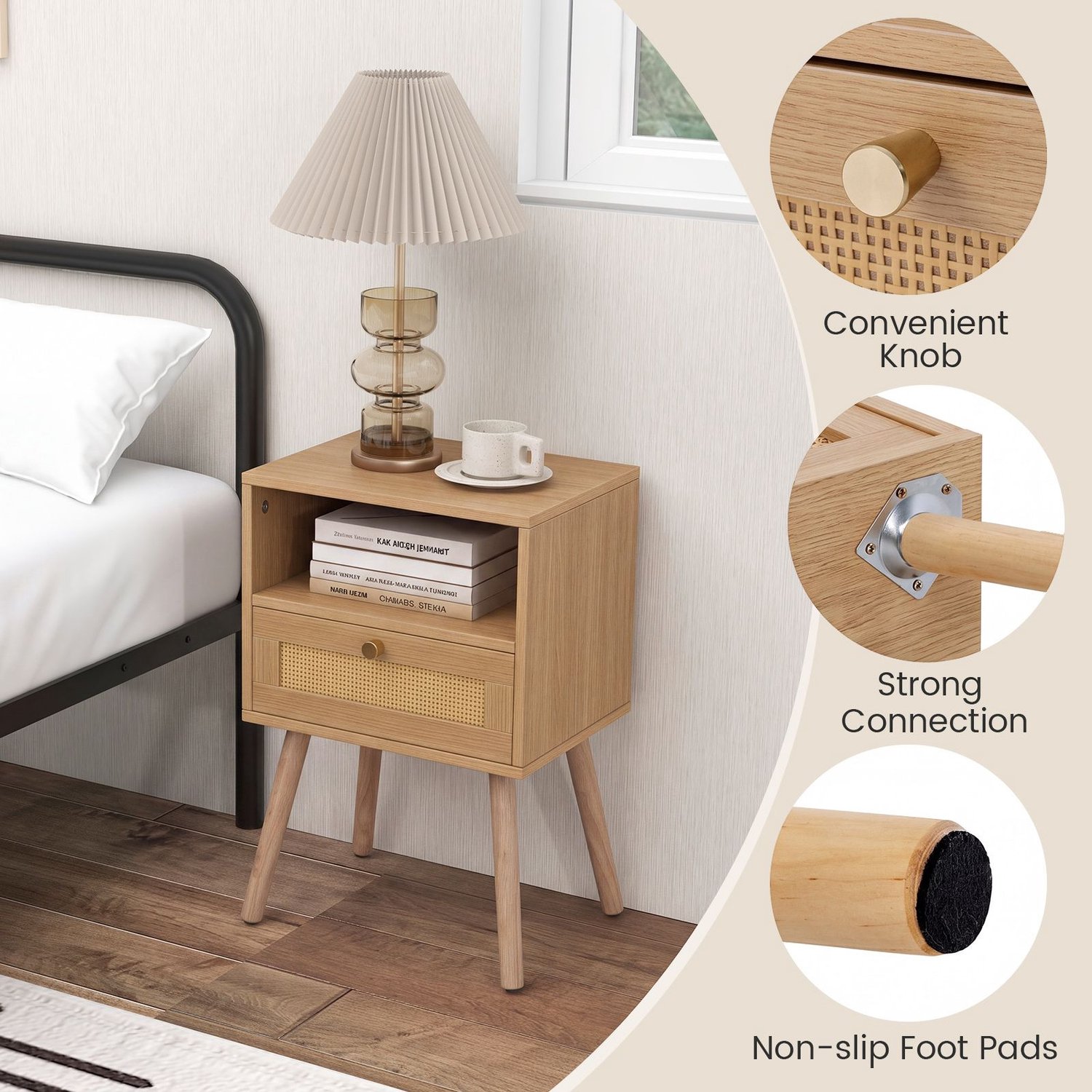 SureDeal® - Nachtkastje - Rotan - Lade - Open Vak Bijzettafel - Massief Houten Poten - 40x30x60,5 cm - Natuurlijk