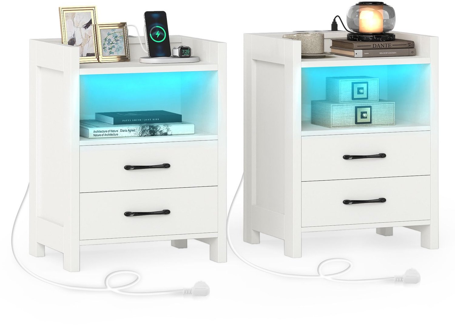 SureDeal® - Nachtkastje - Ledverlichting - Oplaadstation - Twee Lades - Open Opbergvak - 45x35x60 cm - Wit