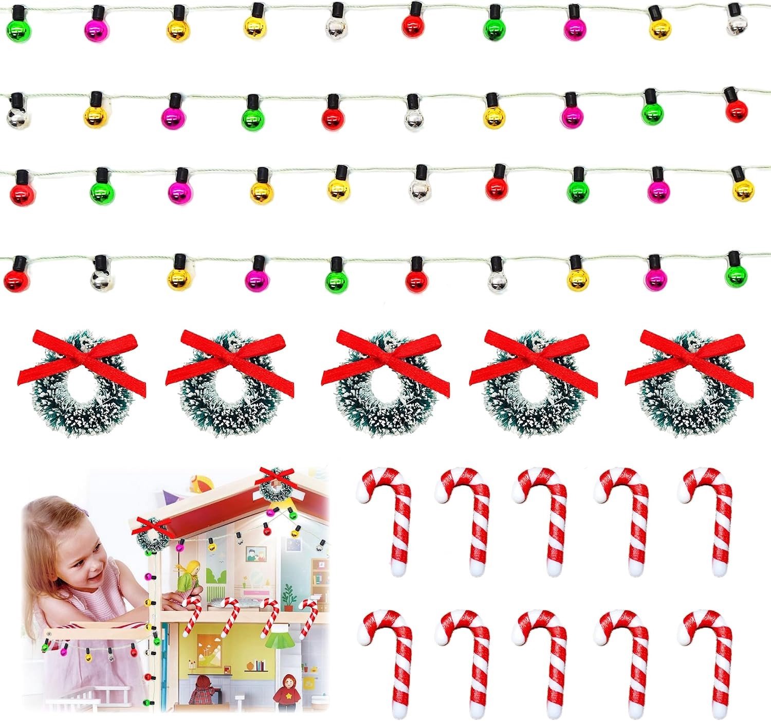 Miniatuur Kerstdecoratie - Meerkleurig - 2 meter - Decoratieve Lichtketting met Mini-Kerstkransen en Krukken - Voor Poppenhuizen