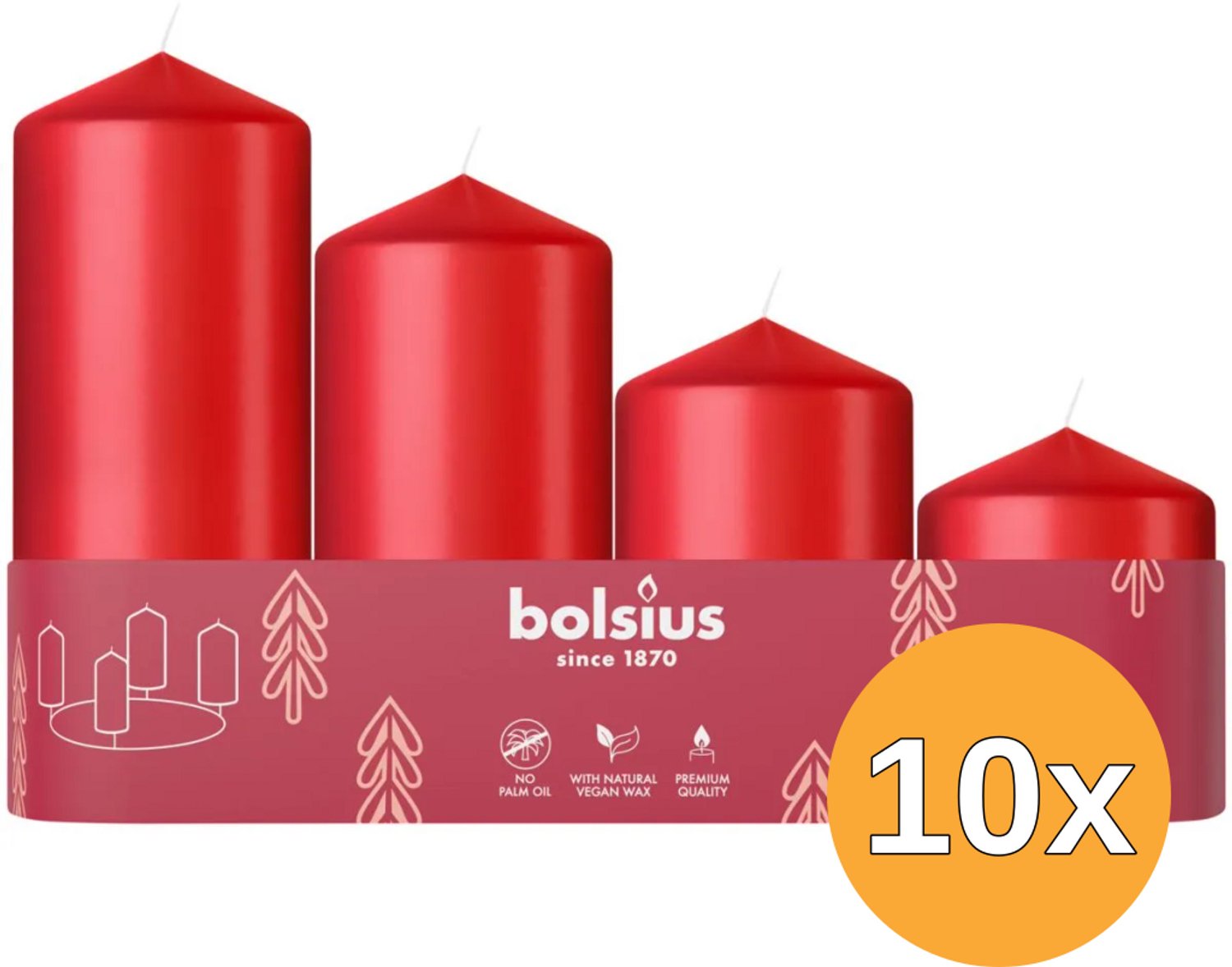 10x Bolsius Stompkaars Assorti Tray 4 Delicate Red (1 stuk)