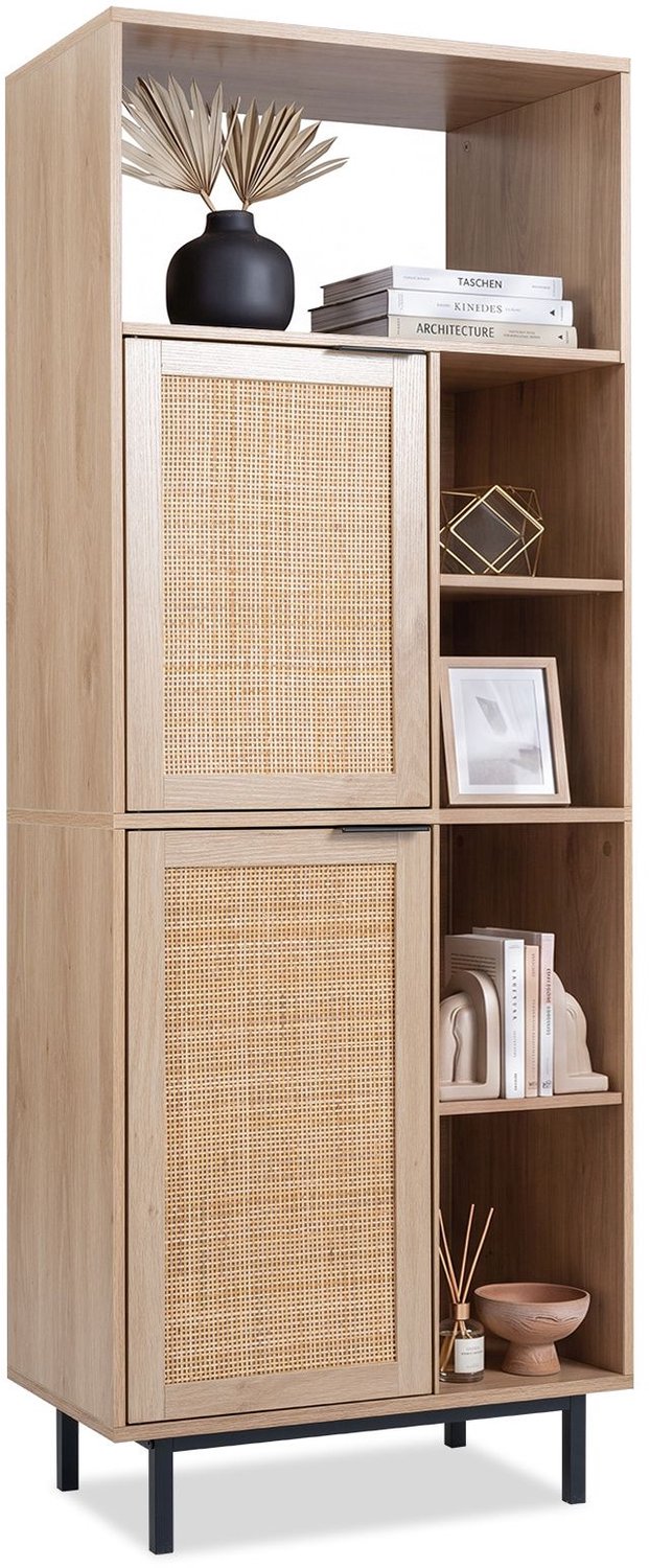 SureDeal® - Ladekast - Dressoir keukenkast - Rattan deuren - Open Vakken - 60x35x157 cm - Naturel