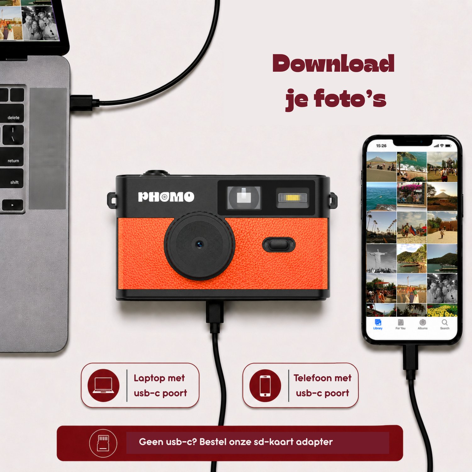 Phomo Digitale Retro Camera - Compact Camera - 8MP - 4 Retrofilters - Flits - SD-kaart - USB-C - Oranje thumbnail 5