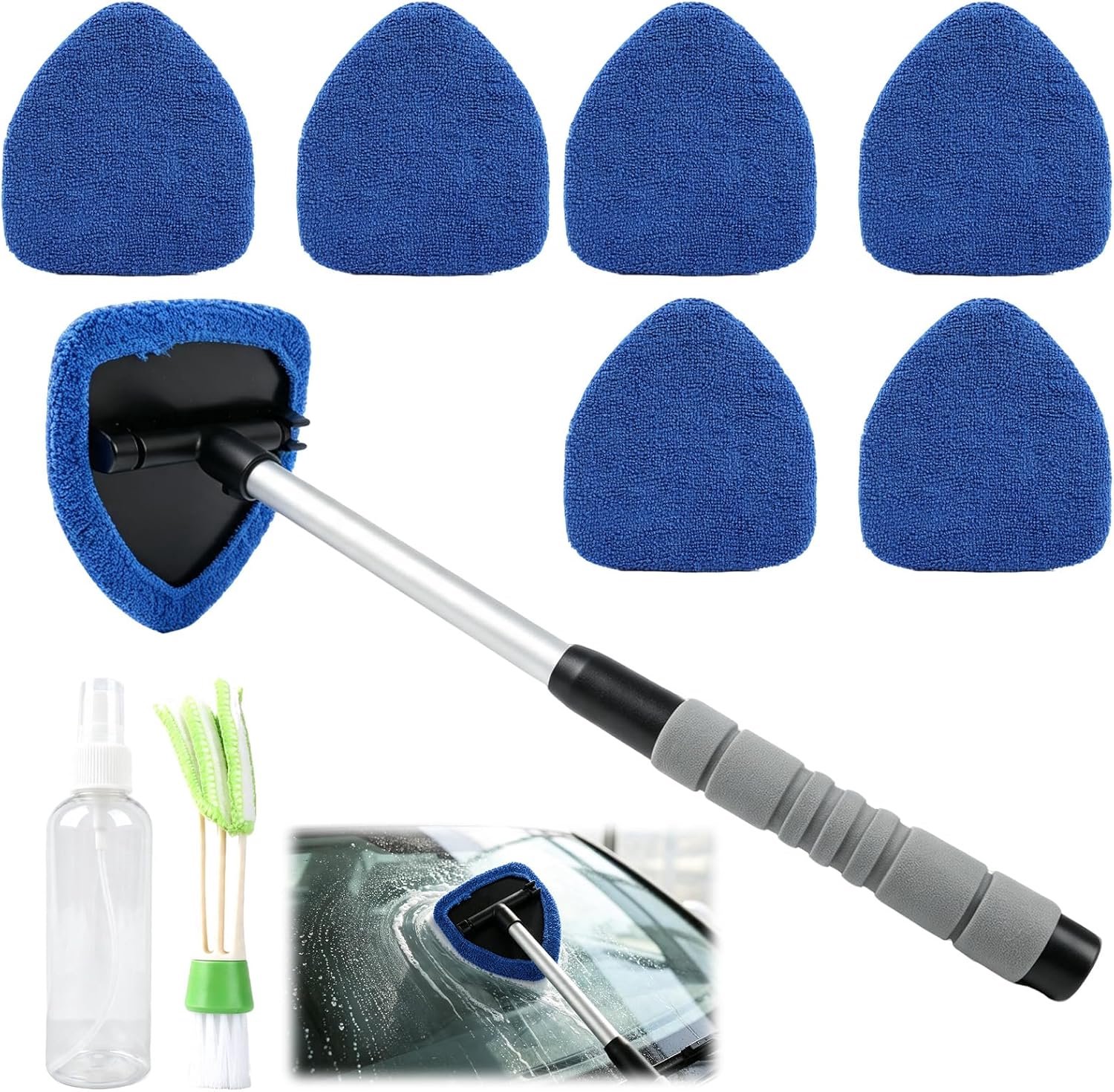1 stuks autoruitenreiniger met 6 blauwe driehoekige microvezelpads, 100 ml spuitfles en stofborstel, met 180° - ShopVlot