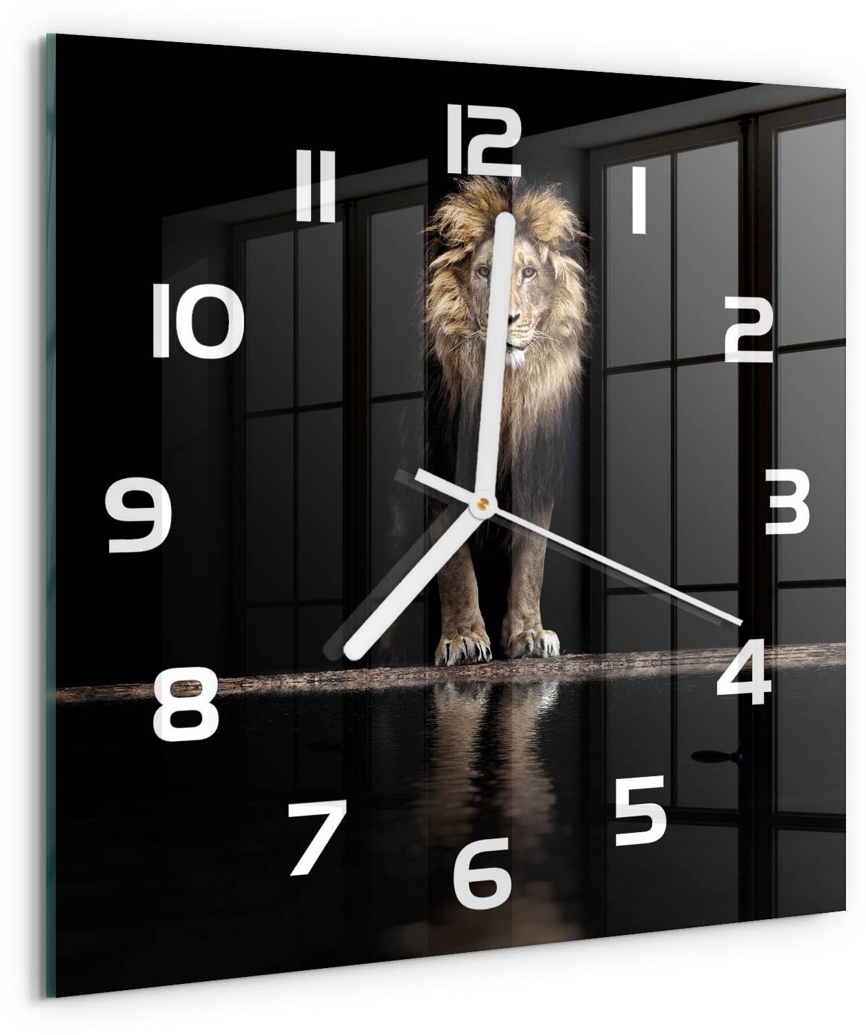 Tulup Wandklok - Portret van een leeuw Gekleurde Glazen Klok - 30x30 cm - Bruin Glazen Klok Met Print - Witte handen - Vierkante Klok - Moderne Wandklok Glas - Wandklok Glas Decoratie