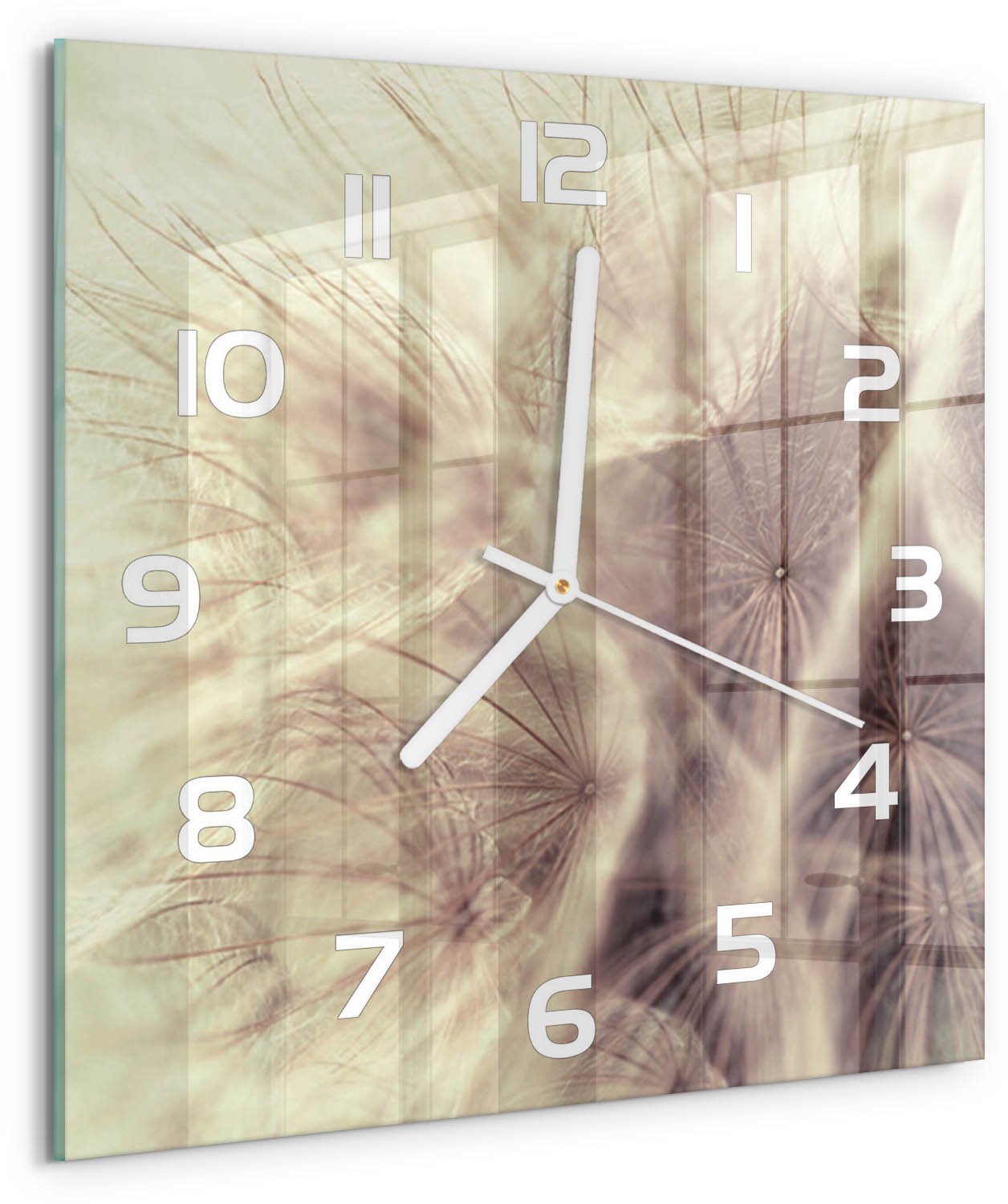 Tulup Wandklok - Paardebloem Glazen Klok Met Print - 30x30 cm - Grijs Wandklok Glas Met Motief - Witte handen - Vierkante Klok - Wandklok Glas Decoratie - Gekleurde Glazen Klok