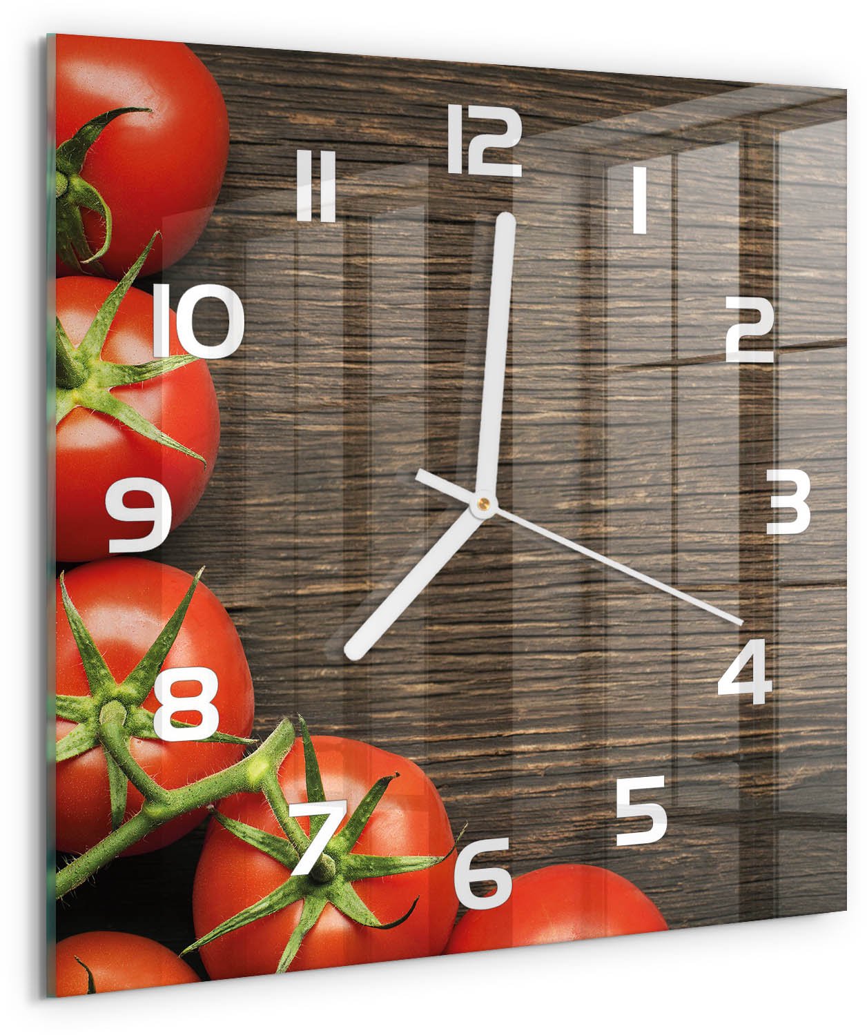 Tulup Wandklok - Tomaten op hout Decoratieve Glazen Klok - 30x30 cm - Rood Glazen Wandklok Design - Witte handen - Vierkante Klok - Glazen Klok Met Print - Wandklok Glas Met Motief