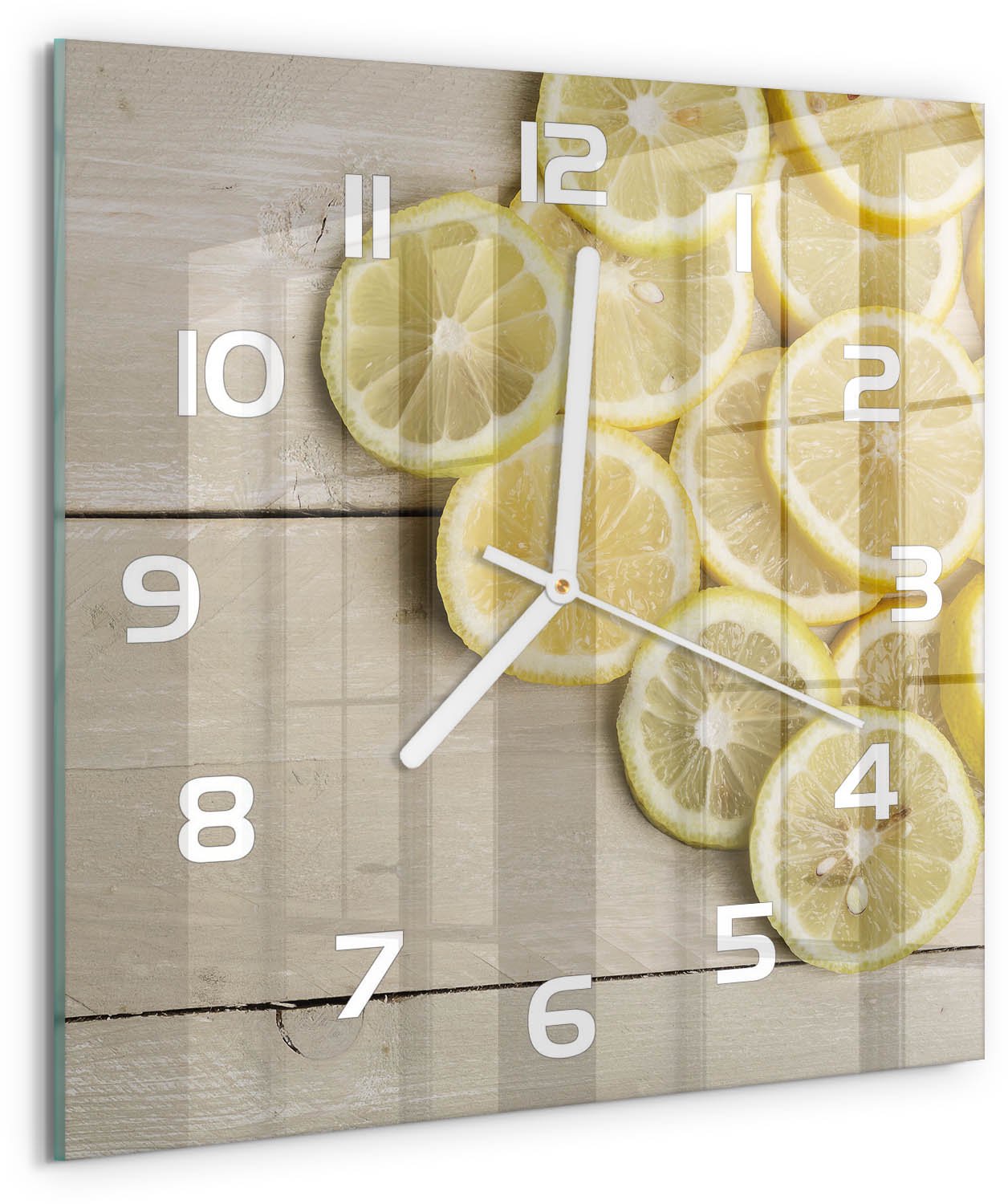 Tulup Wandklok - Citroenhout Klok Glas Met Opdruk - 30x30 cm - Geel Moderne Wandklok Glas - Witte handen - Vierkante Klok - Decoratieve Glazen Klok - Glazen Wandklok Design