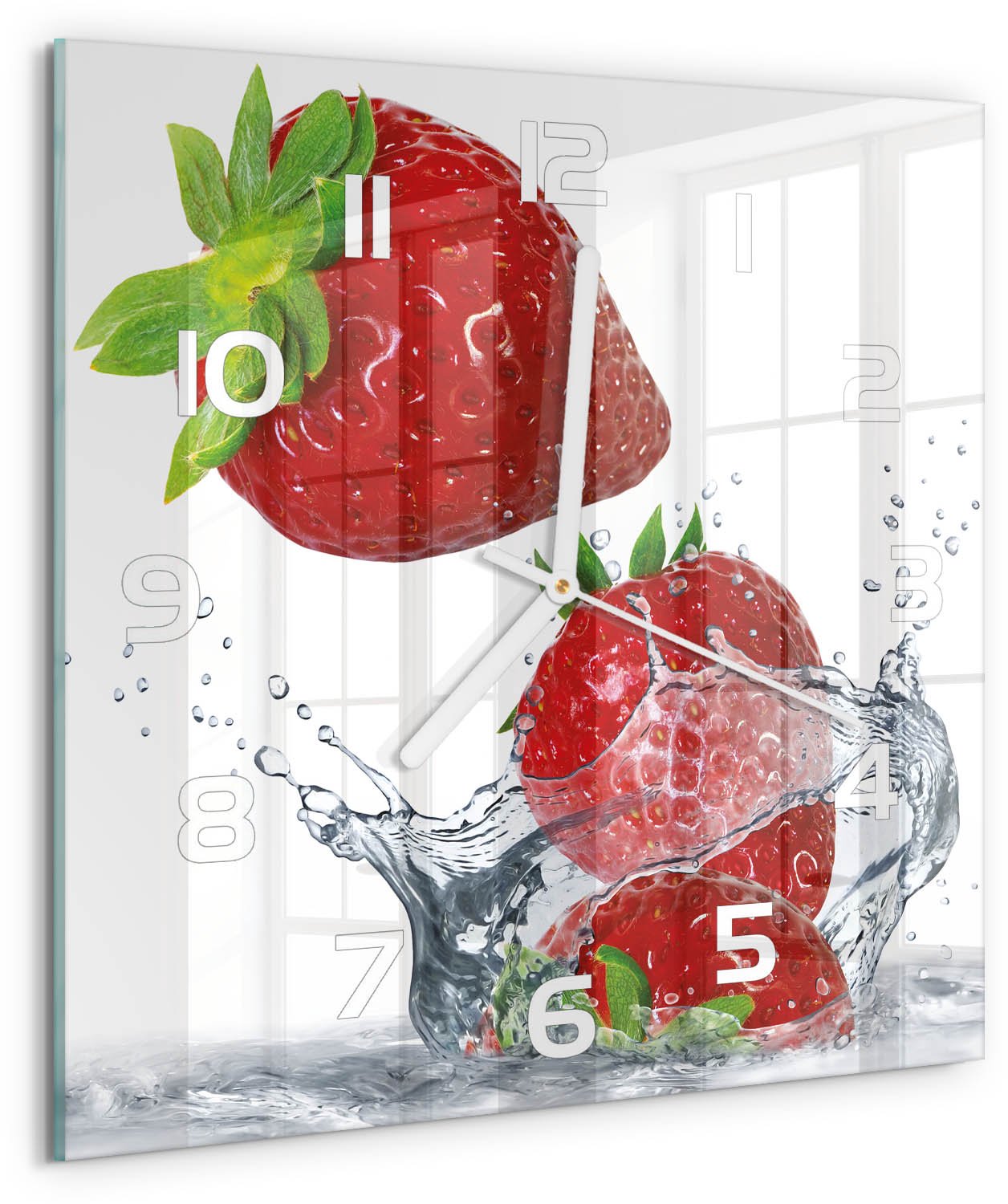 Tulup Wandklok - Aardbeien en water Decoratieve Glazen Klok - 30x30 cm - Rood Glazen Wandklok Design - Witte handen - Vierkante Klok - Glazen Klok Met Print - Wandklok Glas Met Motief