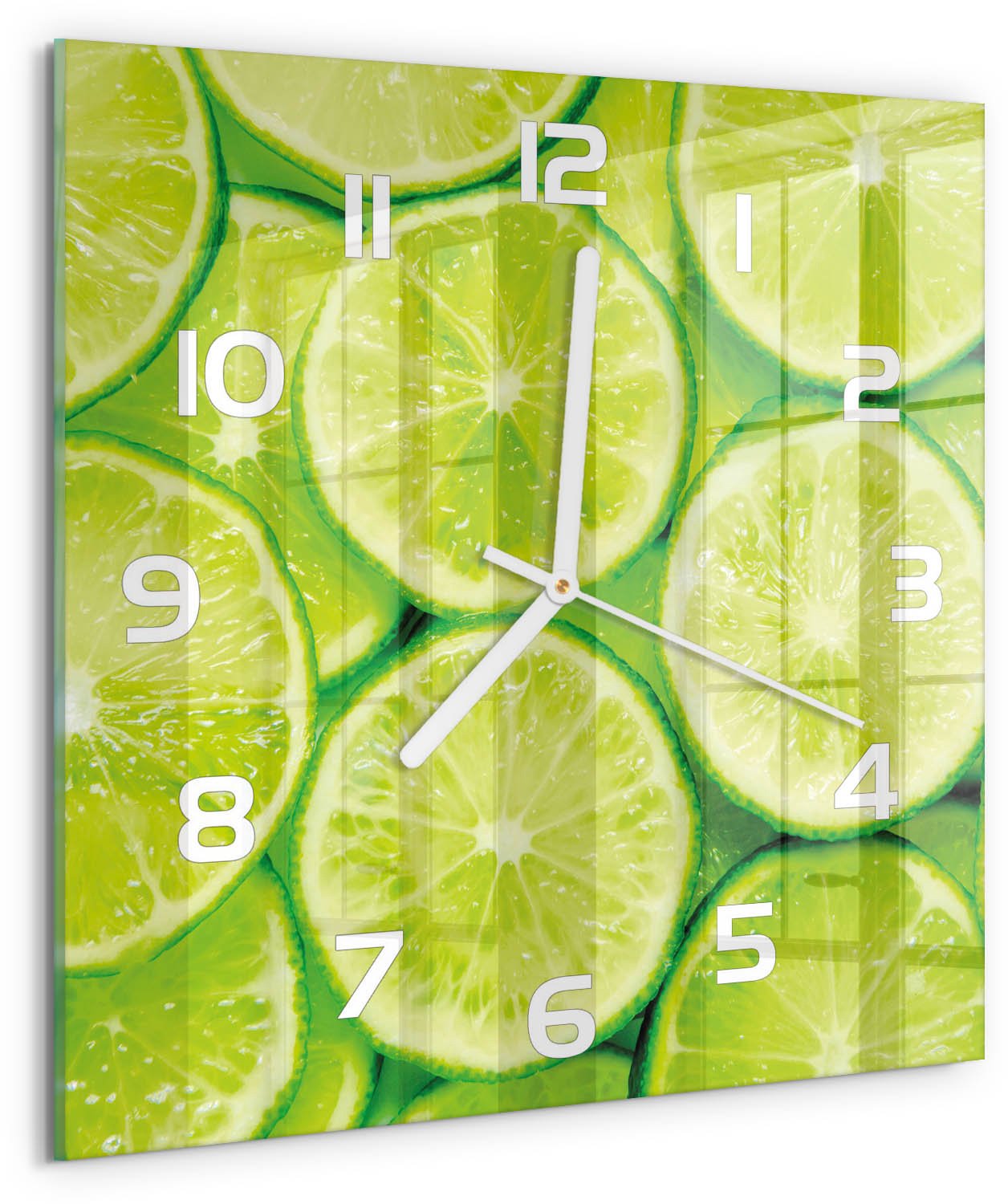 Tulup Wandklok - Limoenen Klok Glas Met Opdruk - 30x30 cm - Groente Moderne Wandklok Glas - Witte handen - Vierkante Klok - Decoratieve Glazen Klok - Glazen Wandklok Design