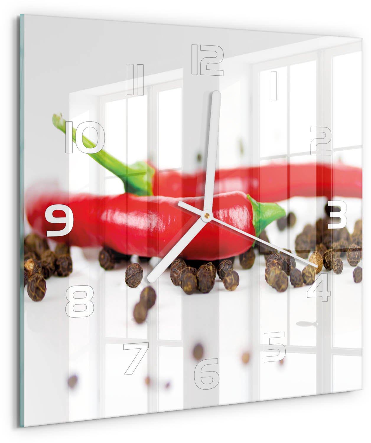 Tulup Wandklok - Chili en peper Klok Glas Met Opdruk - 30x30 cm - Rood Moderne Wandklok Glas - Witte handen - Vierkante Klok - Decoratieve Glazen Klok - Glazen Wandklok Design