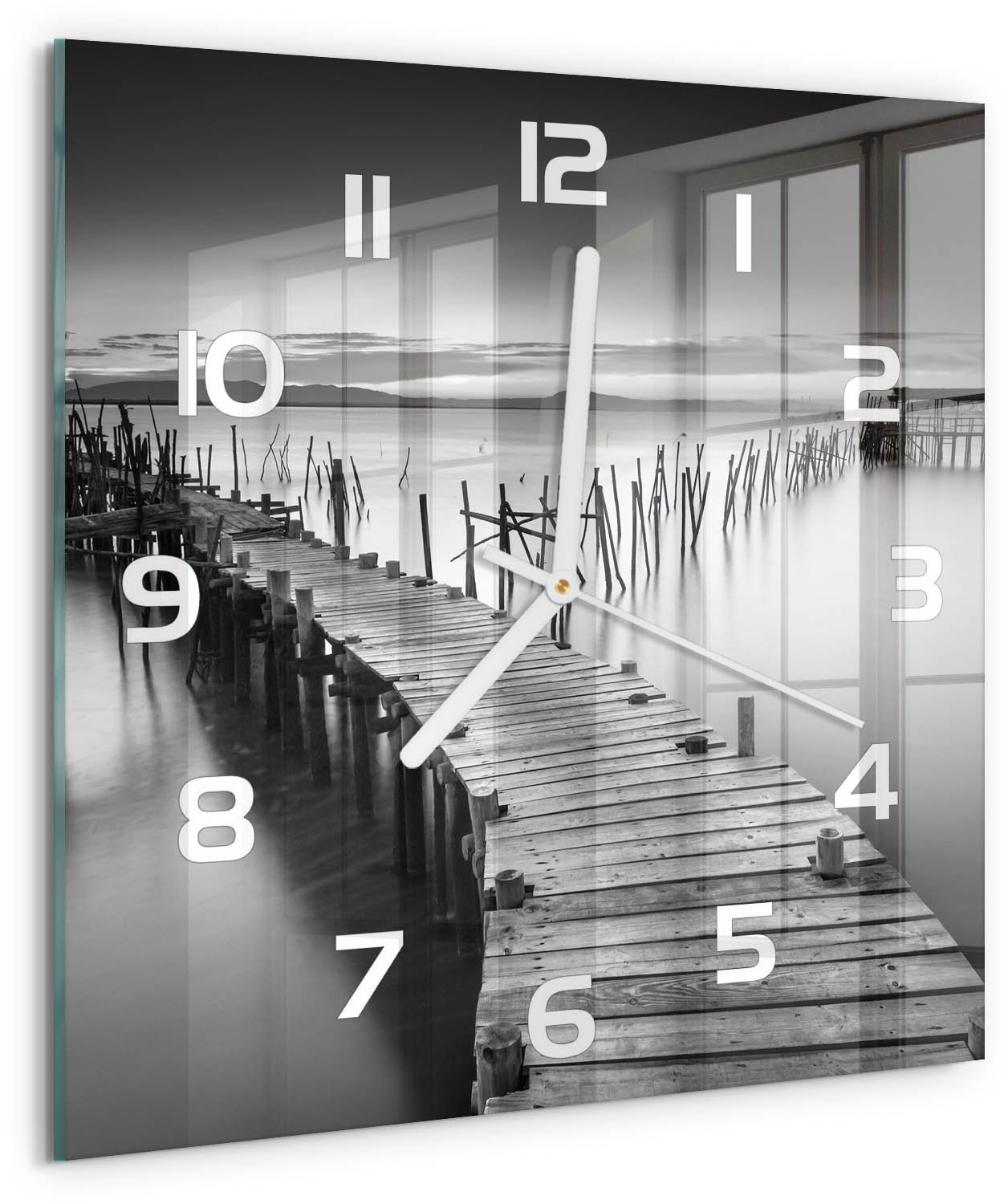 Tulup Wandklok - Houten brug Wandklok Glas Met Motief - 30x30 cm - Zwart-wit Decoratieve Glazen Klok - Witte handen - Vierkante Klok - Gekleurde Glazen Klok - Glazen Klok Met Print