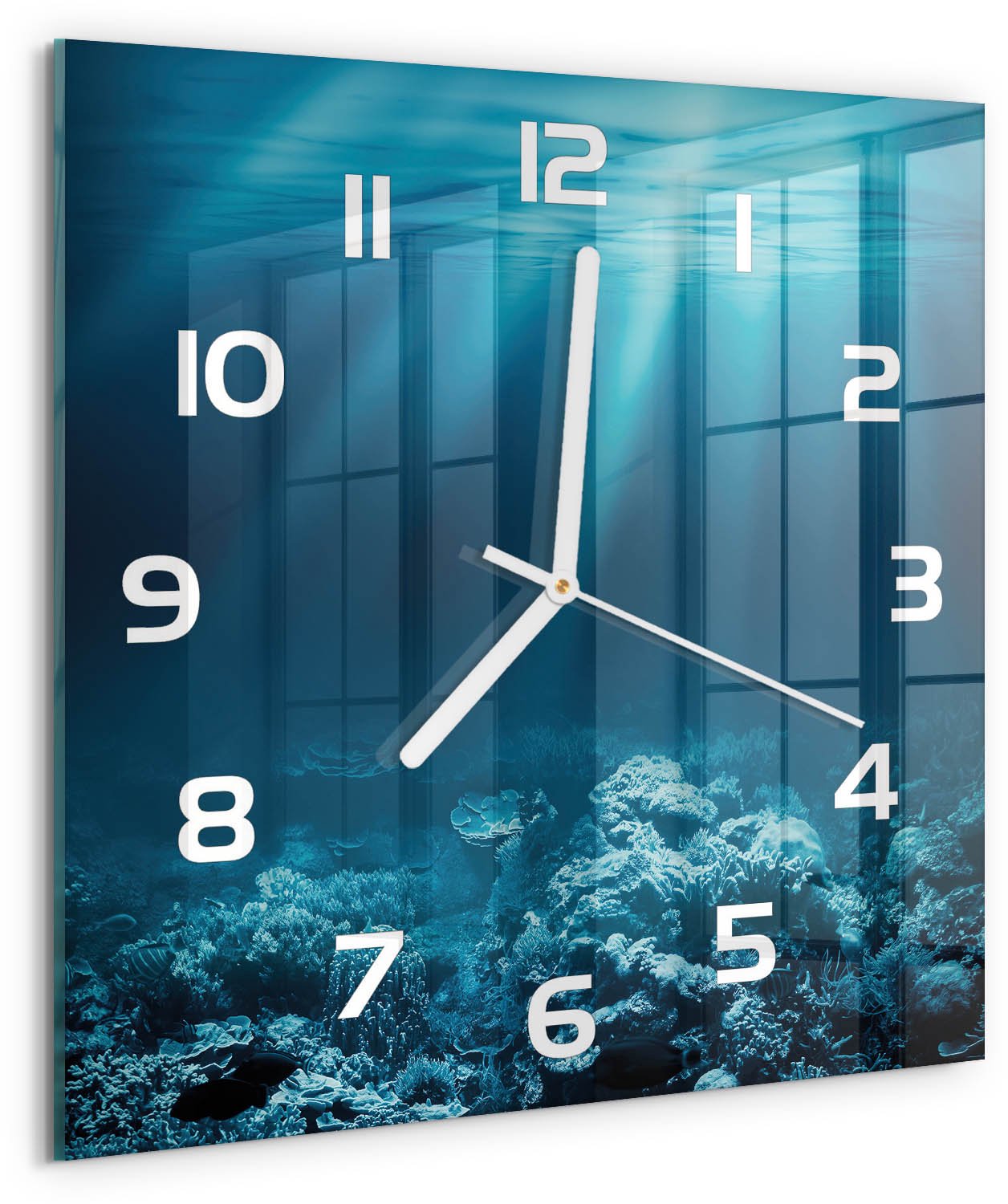 Tulup Wandklok - Onderwaterwereld Wandklok Glas Decoratie - 30x30 cm - Blauw Gekleurde Glazen Klok - Witte handen - Vierkante Klok - Klok Glas Met Opdruk - Moderne Wandklok Glas
