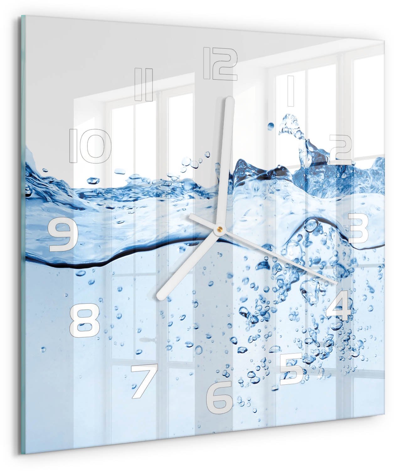 Tulup Wandklok - Water Moderne Wandklok Glas - 30x30 cm - Blauw Wandklok Glas Decoratie - Witte handen - Vierkante Klok - Glazen Wandklok Design - Klok Glas Met Opdruk