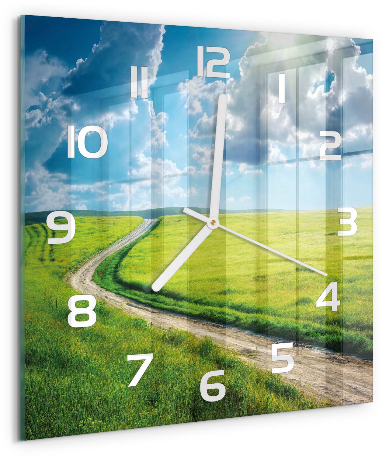 Tulup Wandklok - Pad in de weide Glazen Wandklok Design - 30x30 cm - Groente Klok Glas Met Opdruk - Witte handen - Vierkante Klok - Wandklok Glas Met Motief - Decoratieve Glazen Klok