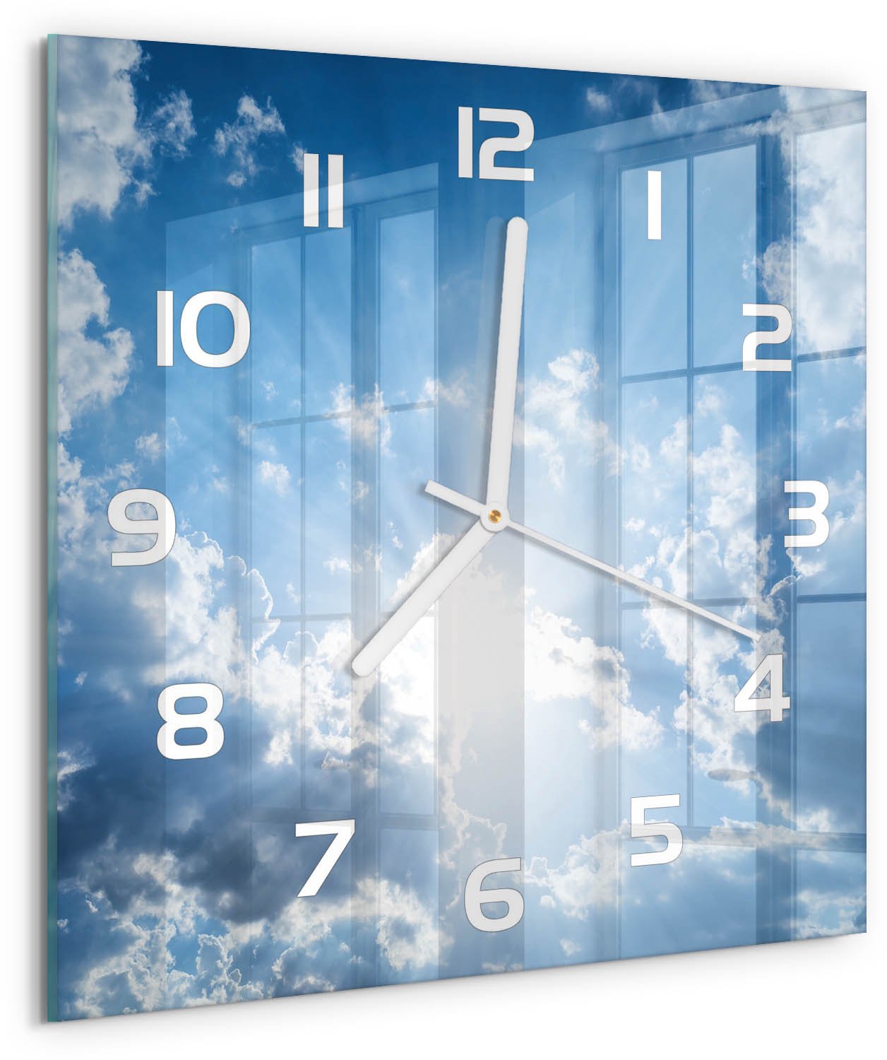 Tulup Wandklok - Wolken aan de hemel Wandklok Glas Met Motief - 30x30 cm - Blauw Decoratieve Glazen Klok - Witte handen - Vierkante Klok - Gekleurde Glazen Klok - Glazen Klok Met Print