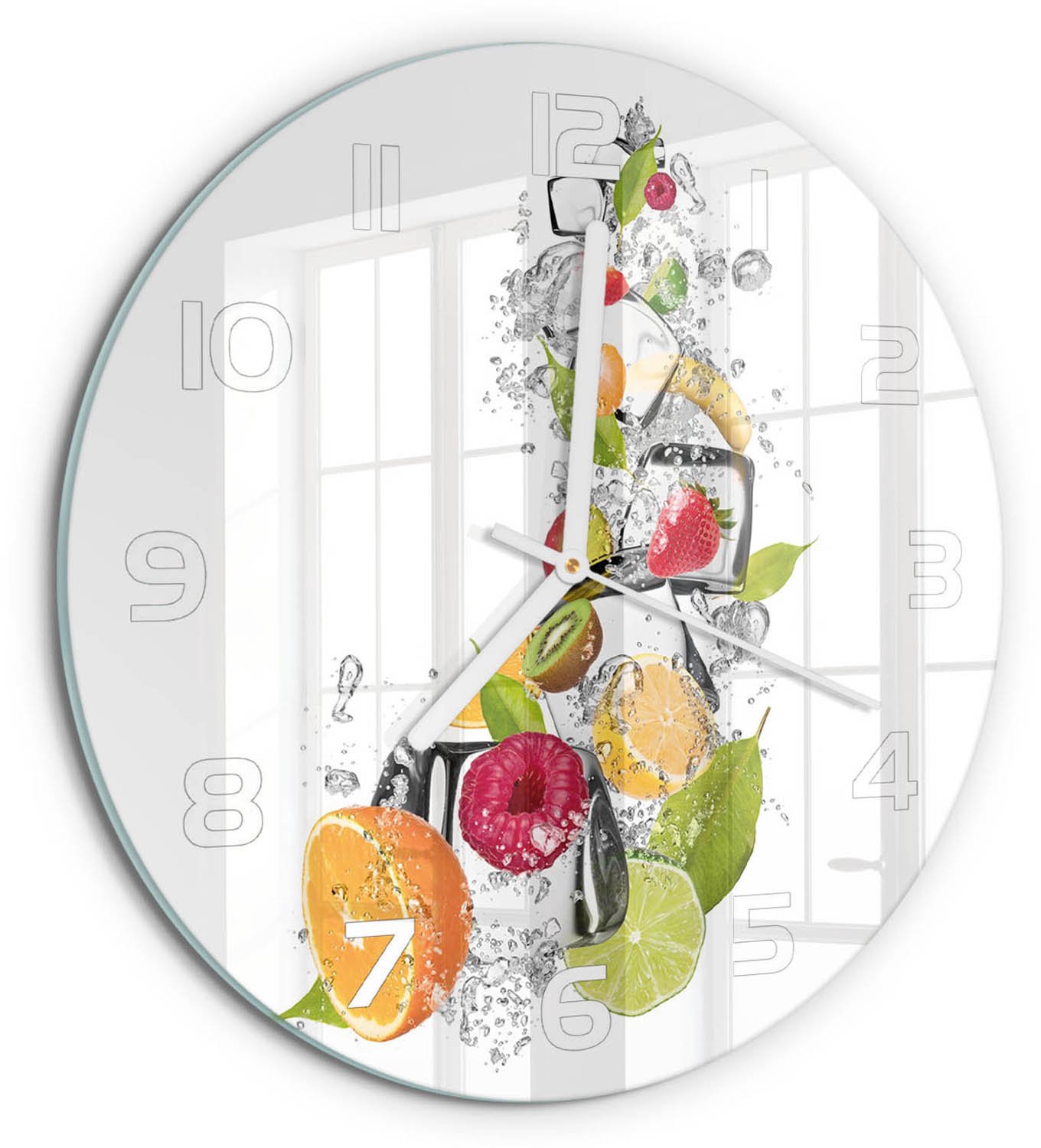TULUP Wandklok - Fruit met ijs Gekleurde Glazen Klok - fi30 cm - Veelkleurig Glazen Klok Met Print - Witte handen - Ronde Klok - Moderne Wandklok Glas - Wandklok Glas Decoratie
