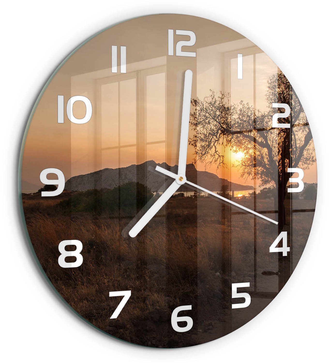 TULUP Wandklok - Zonsondergang Decoratieve Glazen Klok - fi30 cm - Bruin Glazen Wandklok Design - Witte handen - Ronde Klok - Glazen Klok Met Print - Wandklok Glas Met Motief