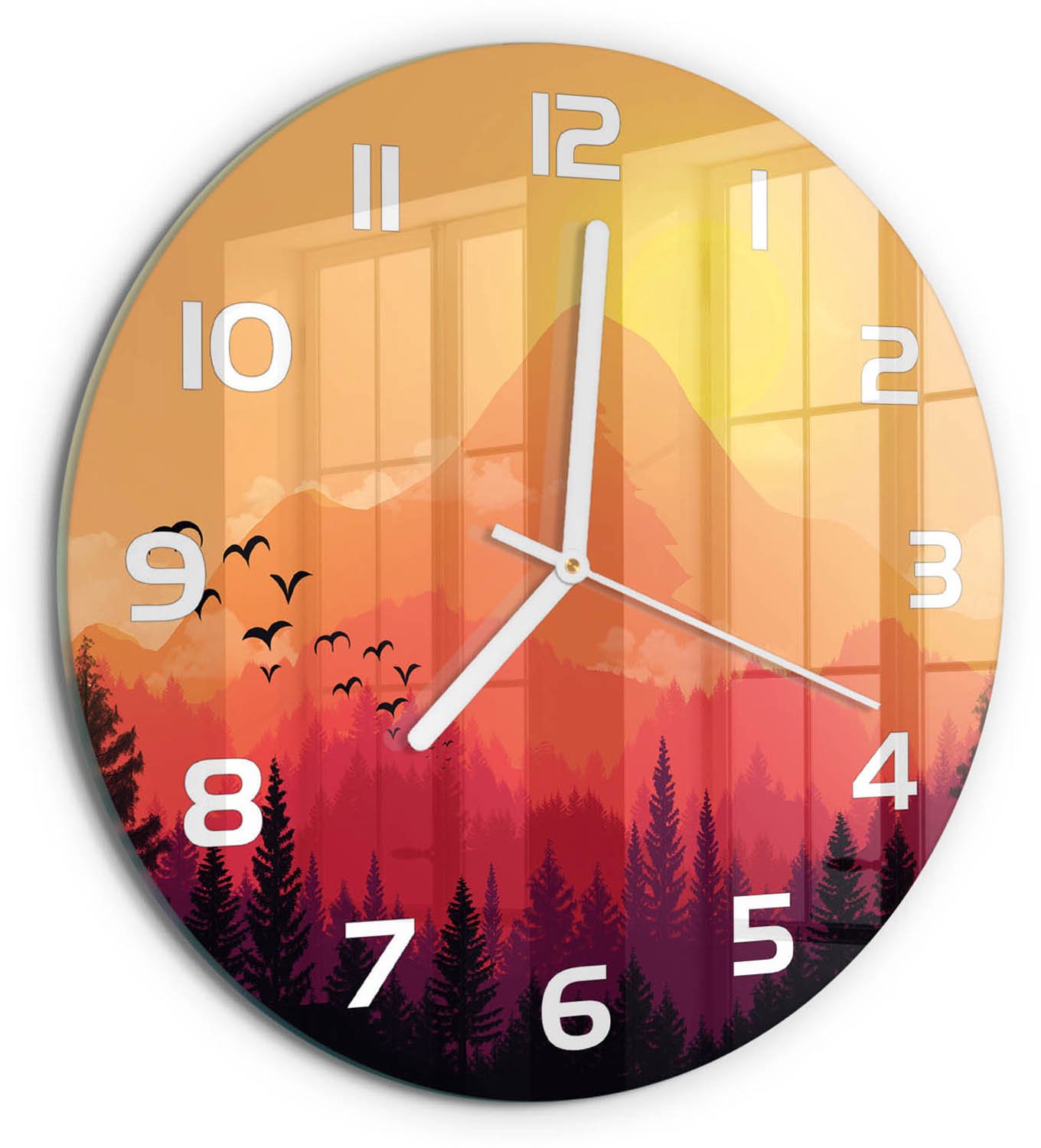 TULUP Wandklok - Berglandschap Wandklok Glas Met Motief - fi30 cm - Oranje Decoratieve Glazen Klok - Witte handen - Ronde Klok - Gekleurde Glazen Klok - Glazen Klok Met Print
