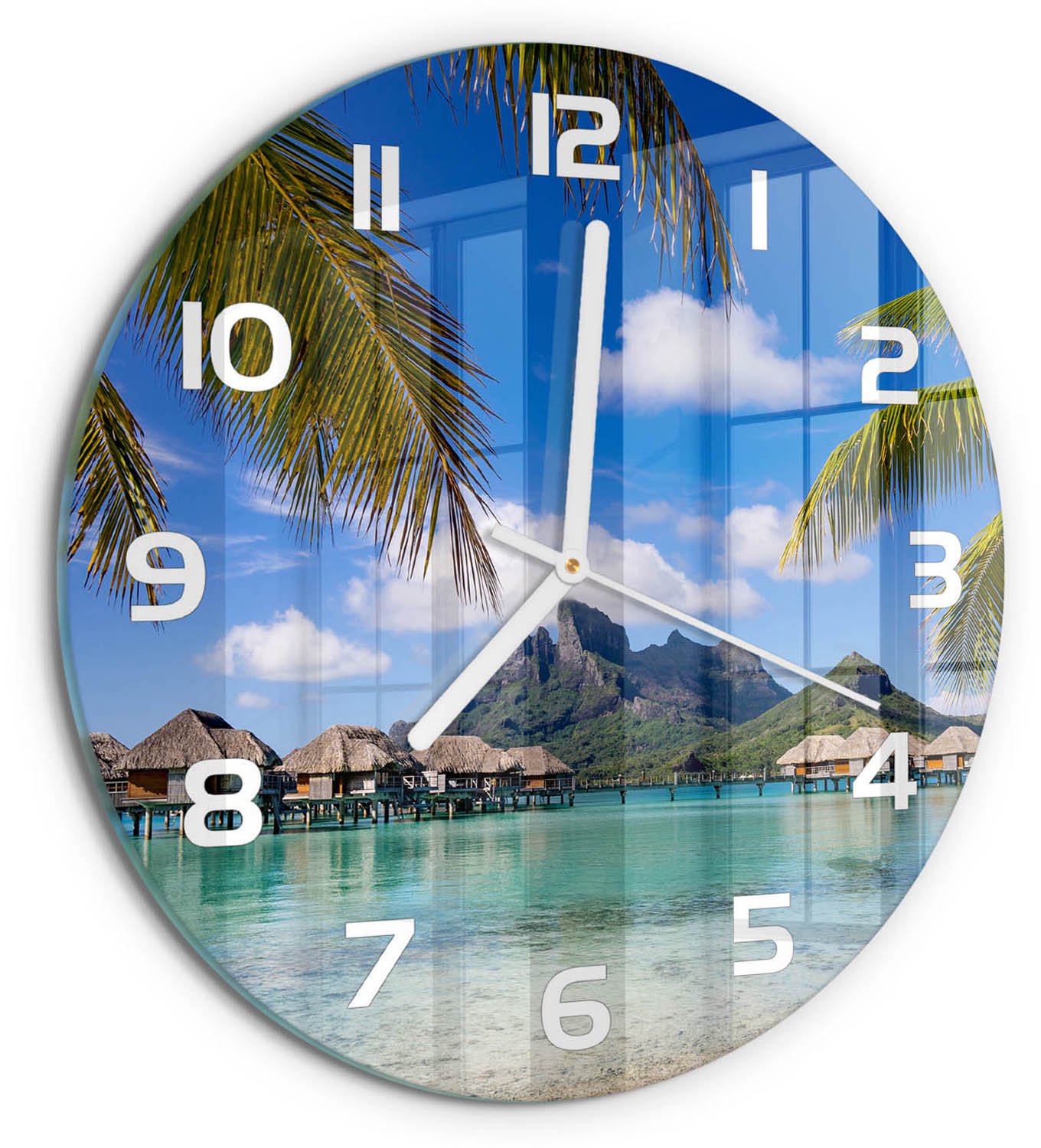 TULUP Wandklok - Palmbomen in Bora Bora Klok Glas Met Opdruk - fi30 cm - Veelkleurig Moderne Wandklok Glas - Witte handen - Ronde Klok - Decoratieve Glazen Klok - Glazen Wandklok Design