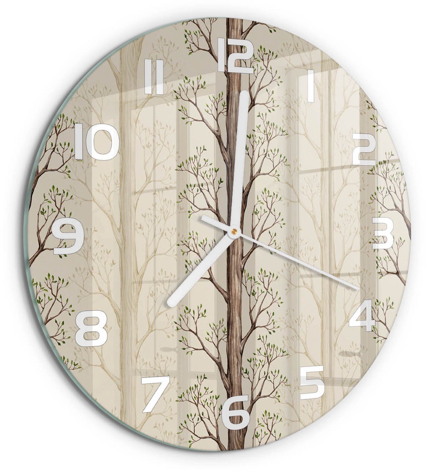 TULUP Wandklok - Bomen Wandklok Glas Met Motief - fi30 cm - Bruin Decoratieve Glazen Klok - Witte handen - Ronde Klok - Gekleurde Glazen Klok - Glazen Klok Met Print