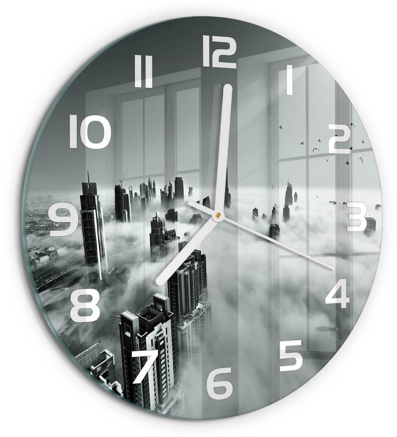 TULUP Wandklok - Mist boven Dubai Wandklok Glas Met Motief - fi30 cm - Zwart-wit Decoratieve Glazen Klok - Witte handen - Ronde Klok - Gekleurde Glazen Klok - Glazen Klok Met Print
