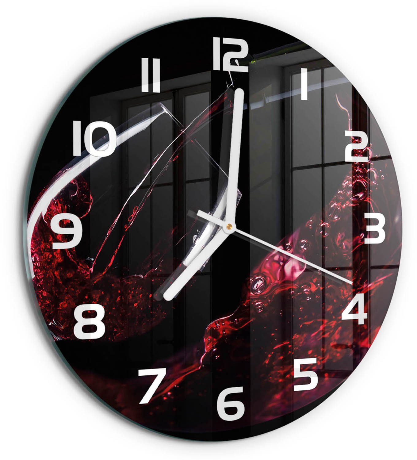 TULUP Wandklok - Rode wijn Moderne Wandklok Glas - fi30 cm - Rood Wandklok Glas Decoratie - Witte handen - Ronde Klok - Glazen Wandklok Design - Klok Glas Met Opdruk