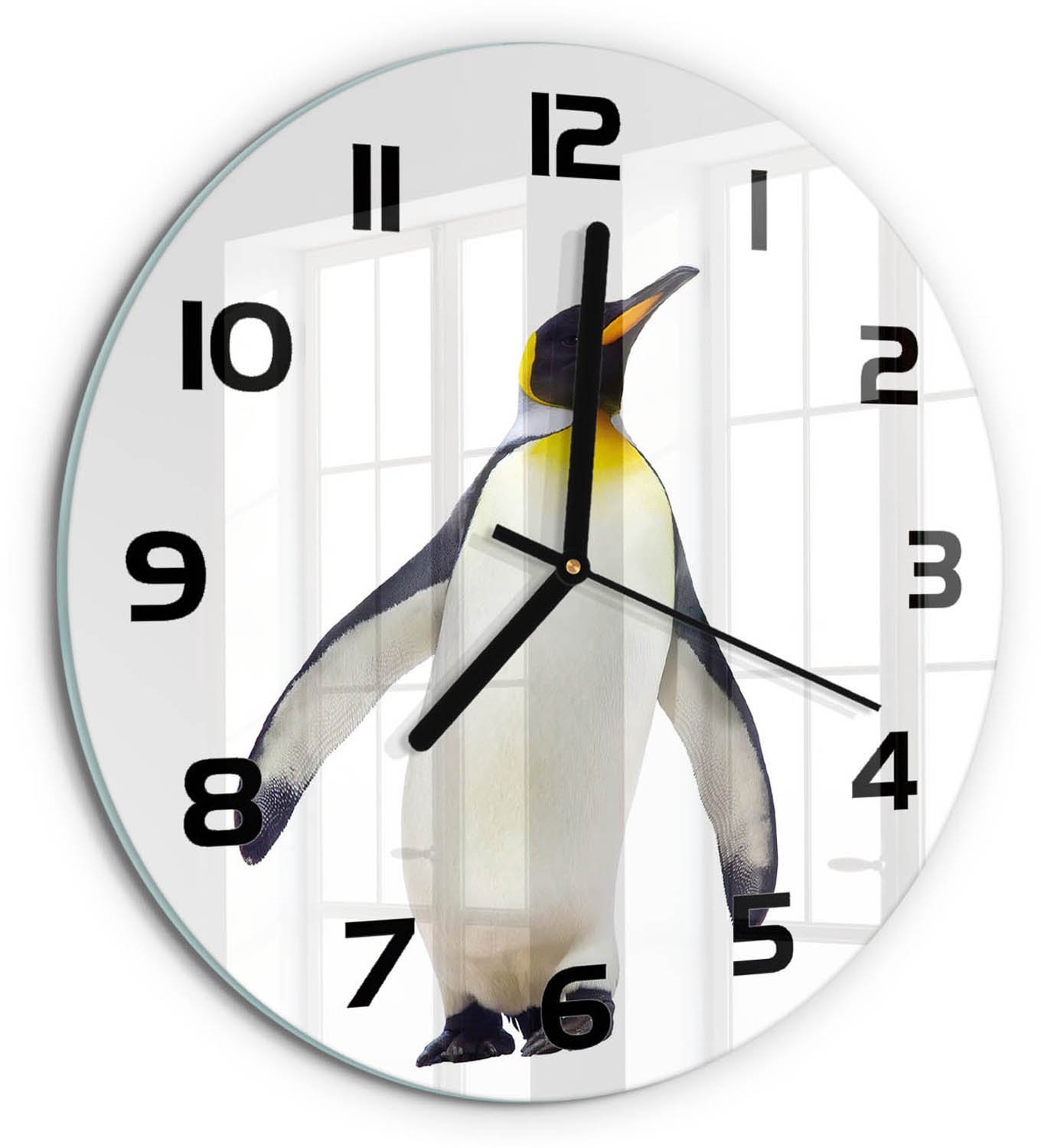 TULUP Wandklok - Pinguïn Glazen Wandklok Design - fi30 cm - Wit Klok Glas Met Opdruk - Zwarte handen - Ronde Klok - Wandklok Glas Met Motief - Decoratieve Glazen Klok
