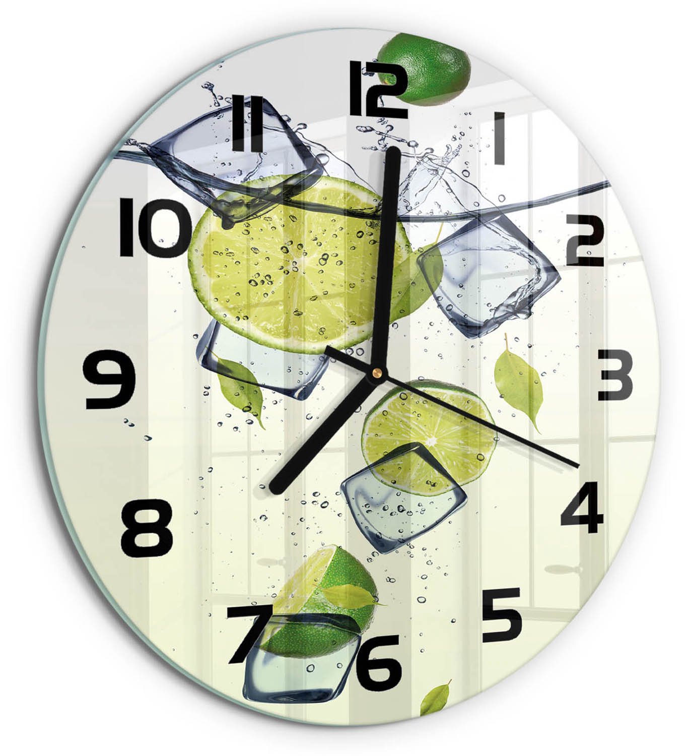 TULUP Wandklok - Limoenen en ijs Klok Glas Met Opdruk - fi30 cm - Groente Moderne Wandklok Glas - Zwarte handen - Ronde Klok - Decoratieve Glazen Klok - Glazen Wandklok Design