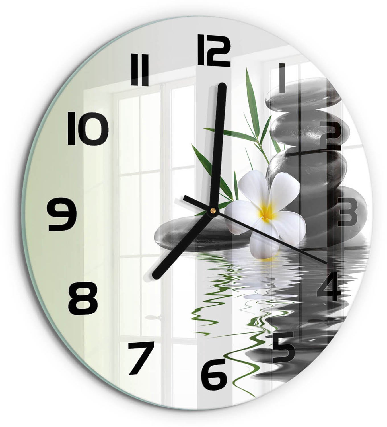 TULUP Wandklok - Orchidee en stenen Moderne Wandklok Glas - fi30 cm - Zwart Wandklok Glas Decoratie - Zwarte handen - Ronde Klok - Glazen Wandklok Design - Klok Glas Met Opdruk