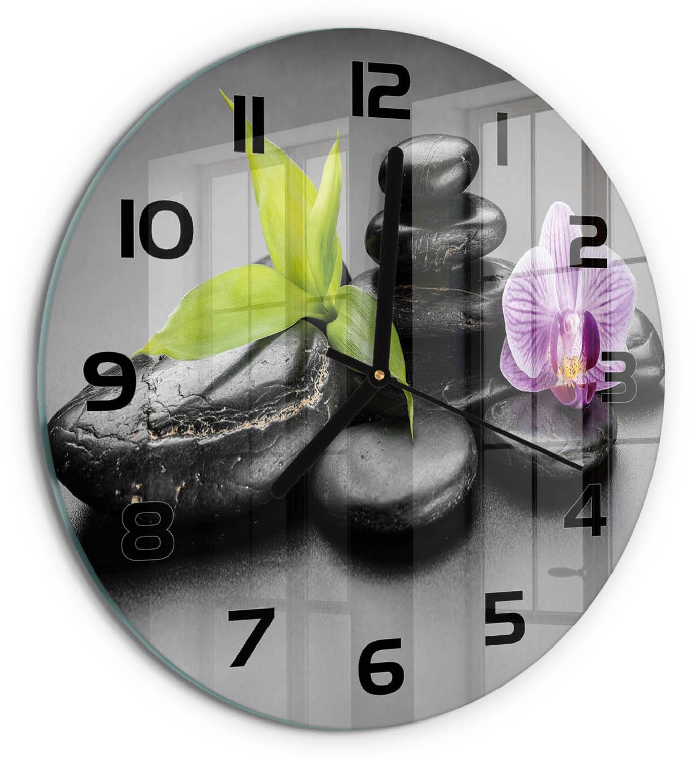 TULUP Wandklok - Zen-stenen Klok Glas Met Opdruk - fi30 cm - Zwart Moderne Wandklok Glas - Zwarte handen - Ronde Klok - Decoratieve Glazen Klok - Glazen Wandklok Design