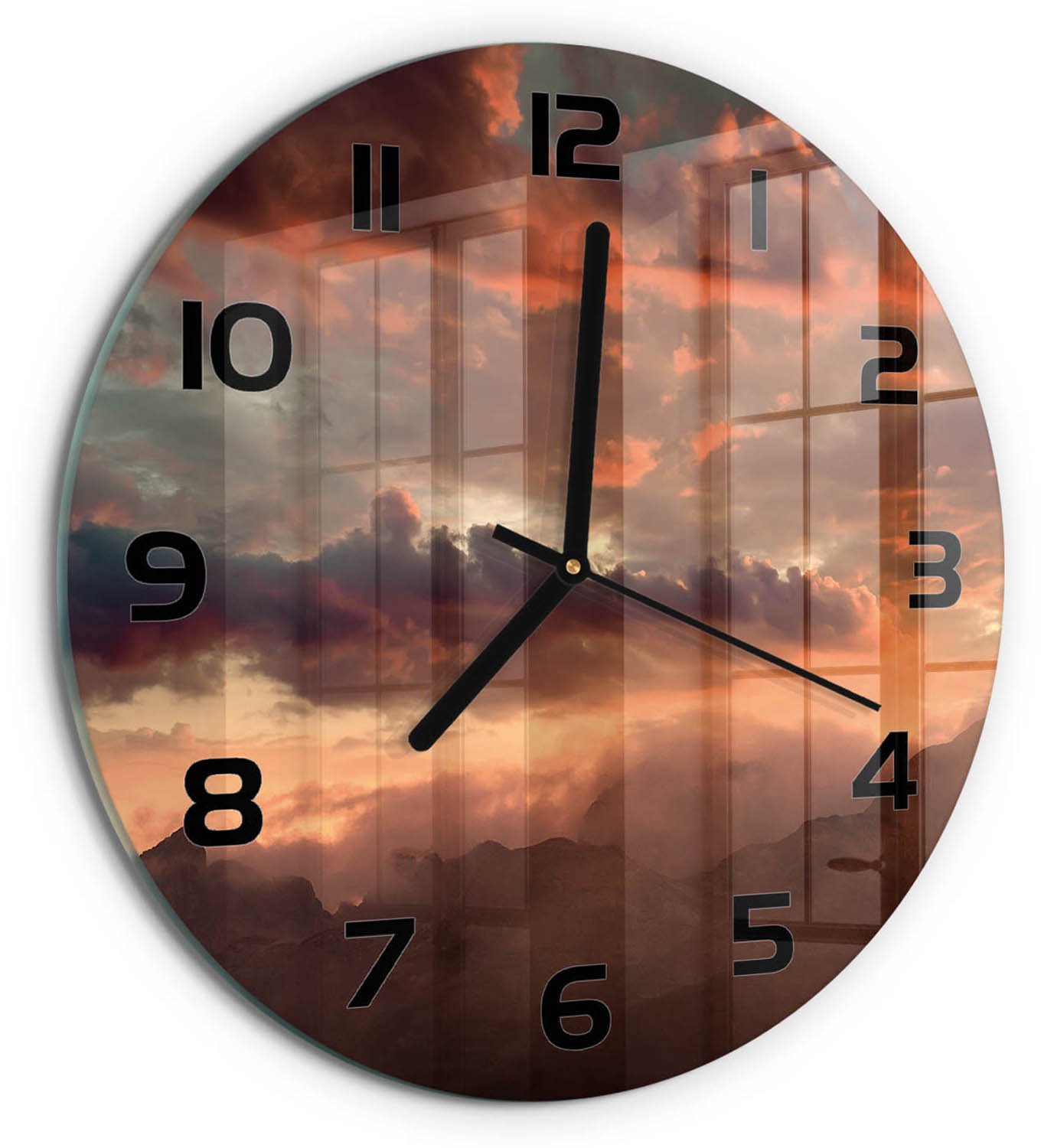 TULUP Wandklok - Bergen bij zonsondergang Glazen Wandklok Design - fi30 cm - Oranje Klok Glas Met Opdruk - Zwarte handen - Ronde Klok - Wandklok Glas Met Motief - Decoratieve Glazen Klok