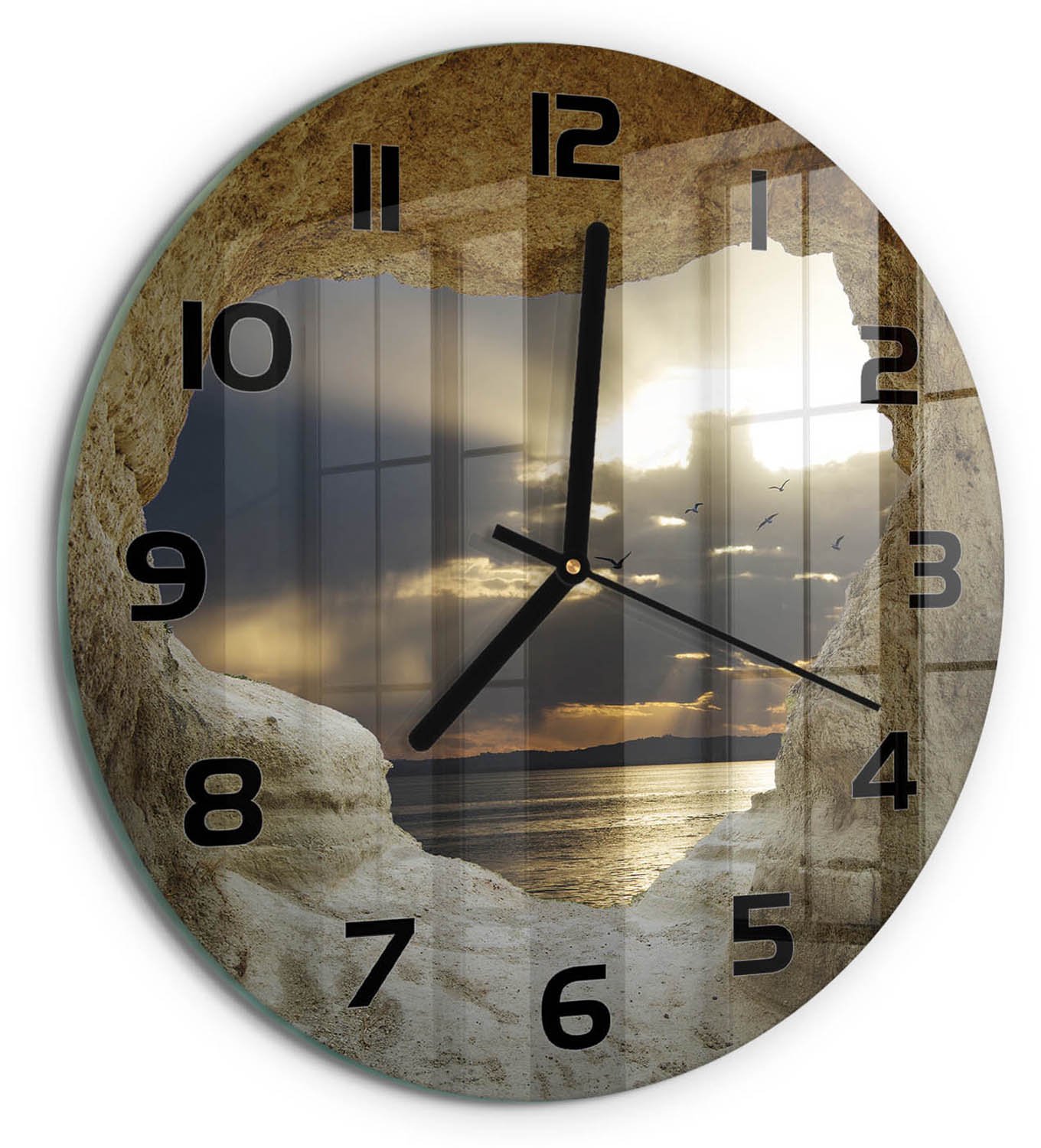 TULUP Wandklok - Zeegrot Decoratieve Glazen Klok - fi30 cm - Beige Glazen Wandklok Design - Zwarte handen - Ronde Klok - Glazen Klok Met Print - Wandklok Glas Met Motief