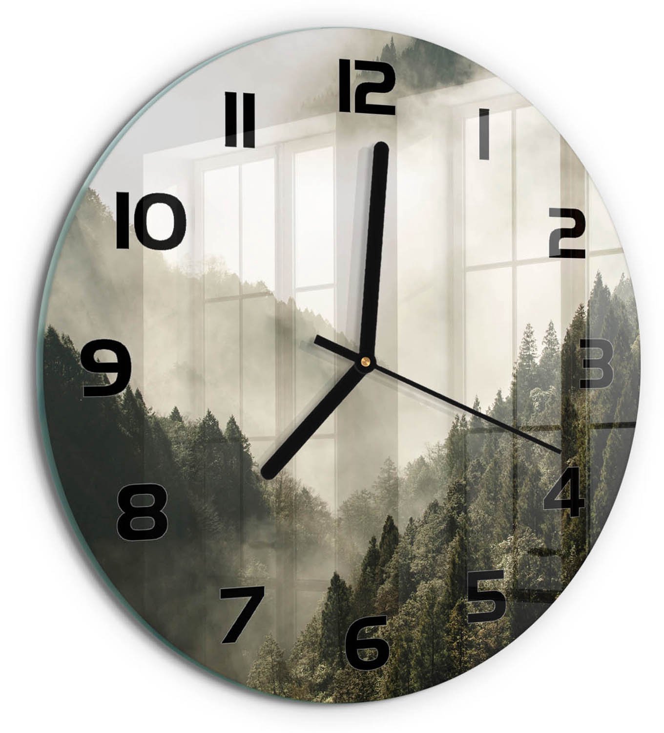 TULUP Wandklok - Mist boven het bos Glazen Klok Met Print - fi30 cm - Zwart-wit Wandklok Glas Met Motief - Zwarte handen - Ronde Klok - Wandklok Glas Decoratie - Gekleurde Glazen Klok