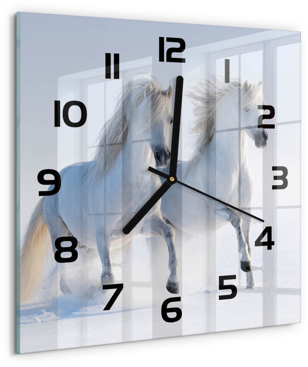 TULUP Wandklok - Twee paarden in de sneeuw Glazen Klok Met Print - 30x30 cm - Wit Wandklok Glas Met Motief - Zwarte handen - Vierkante Klok - Wandklok Glas Decoratie - Gekleurde Glazen Klok